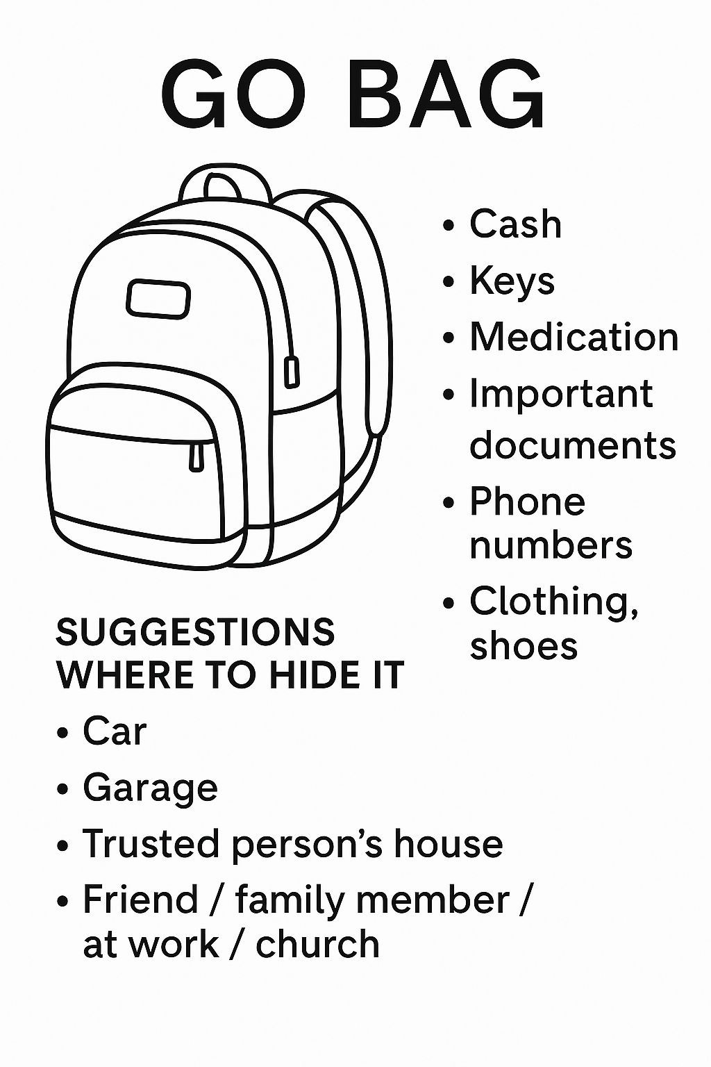 A sign with a drawing of a backpack and tips for what to put inside it, including cash, keys, medication, important documents, phone numbers, clothing and shoes. It also suggests hiding the backpack in places like the car, garage, trusted person's house, or at work or church.