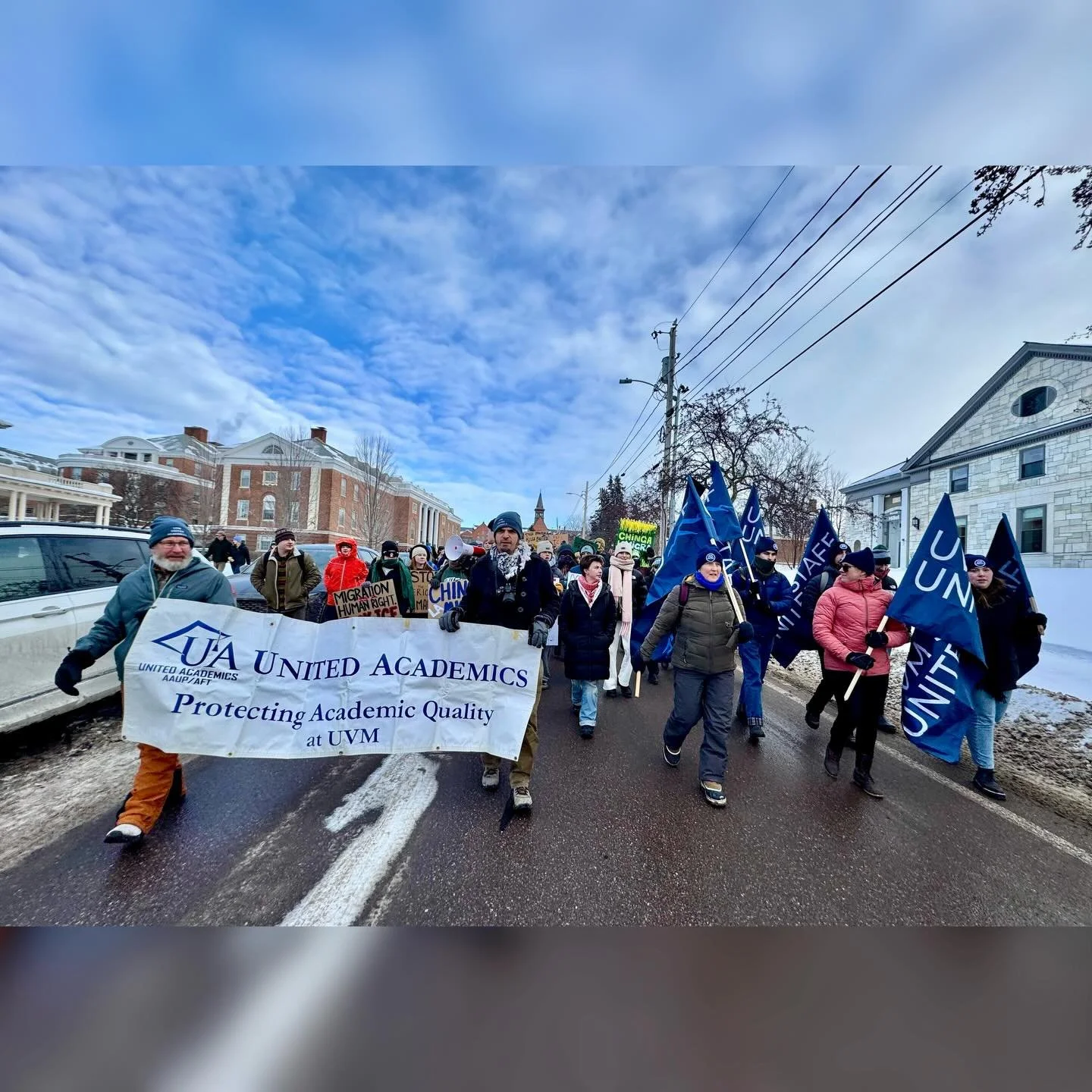Last Friday, UVMSU members joined other unions and community organizations in response to a call to support the people of Minneapolis as they face a violent and unprecedented federal occupation. Hundreds of staff, students, and faculty walked out of 