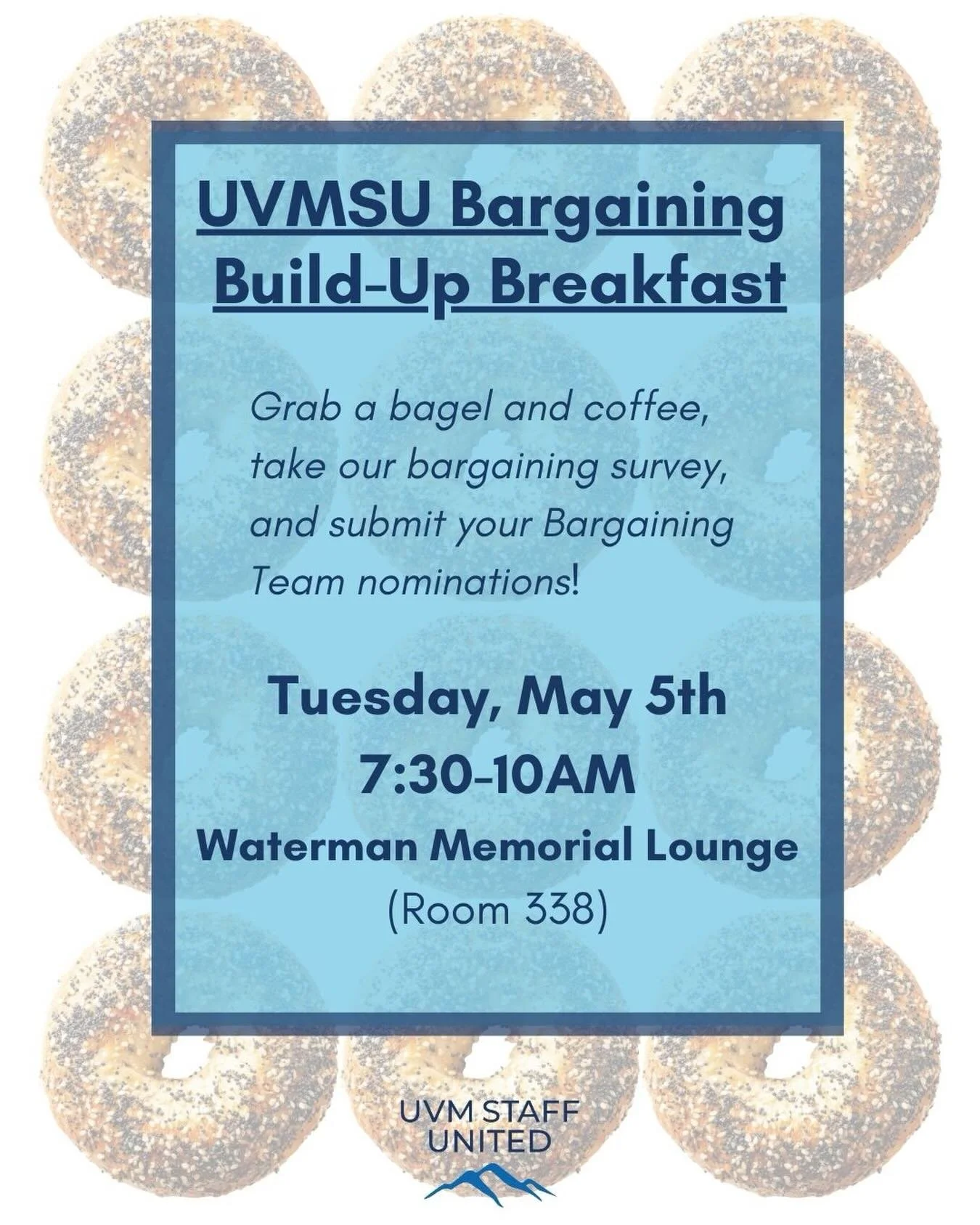 Both our bargaining survey and Bargaining Team nominations will launch on Monday, May 4th. Join your colleagues to take the survey in-person and chat with former Bargaining Team members about what it&rsquo;s like to be on the team in Waterman Memoria