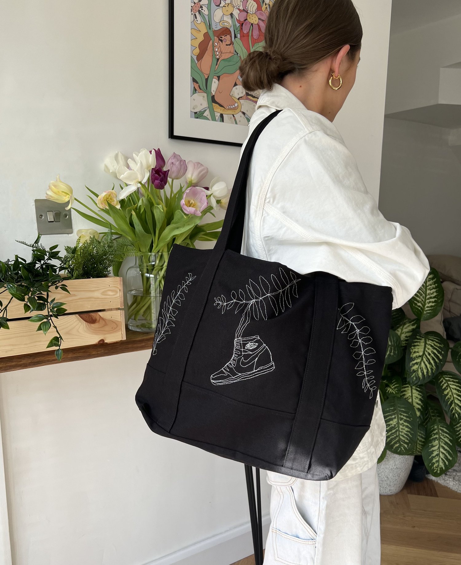 Oversized Embroidered Sneaker Tote Bag in “Black” — Shop Prints Now — Tegan  Price Studio