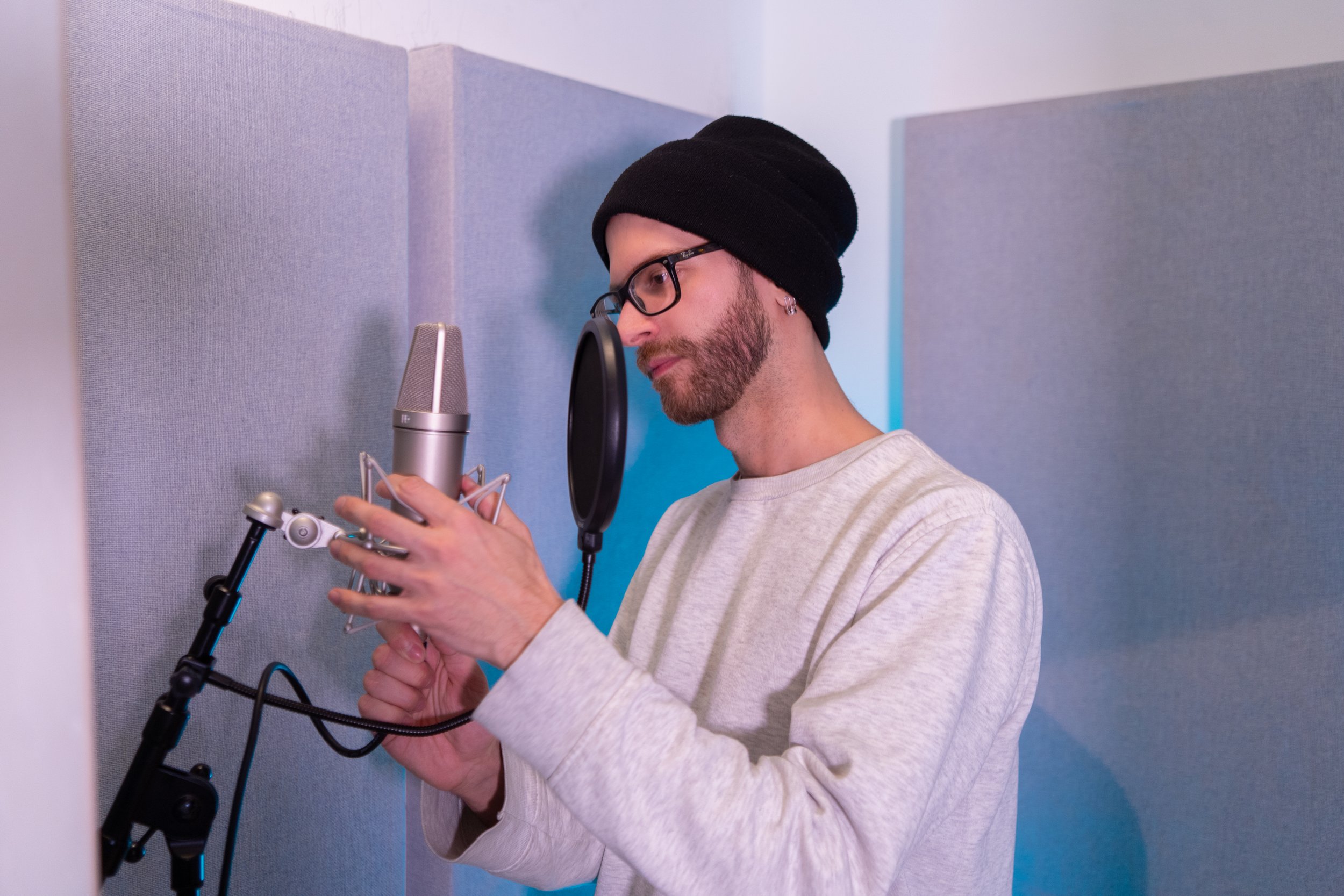 Noatune Studio Engineer Lucas in Studio A Vocal Booth Using Neumann U87
