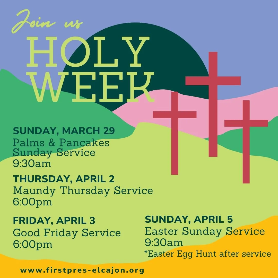 Make plans now to join us for Holy Week! 
 - Sun. March 29: Palms &amp; Pancakes Service @ 9:30am
 - Thurs. April 2: Maundy Thursday Service @ 6pm
 - Fri. April 3: Good Friday Service @ 6pm
 - Sun. April 5: Easter Sunday Service @ 9:30am with an East