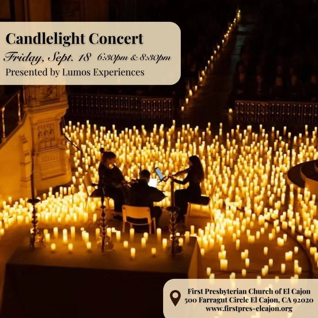 On Friday, September 18 in our sanctuary, Lumos Experiences will present a candlelit
concert featuring a talented string trio performing classical arrangements of iconic songs by Queen and Elton John. Performances will be at: 6:30&ndash;7:30pm and 8: