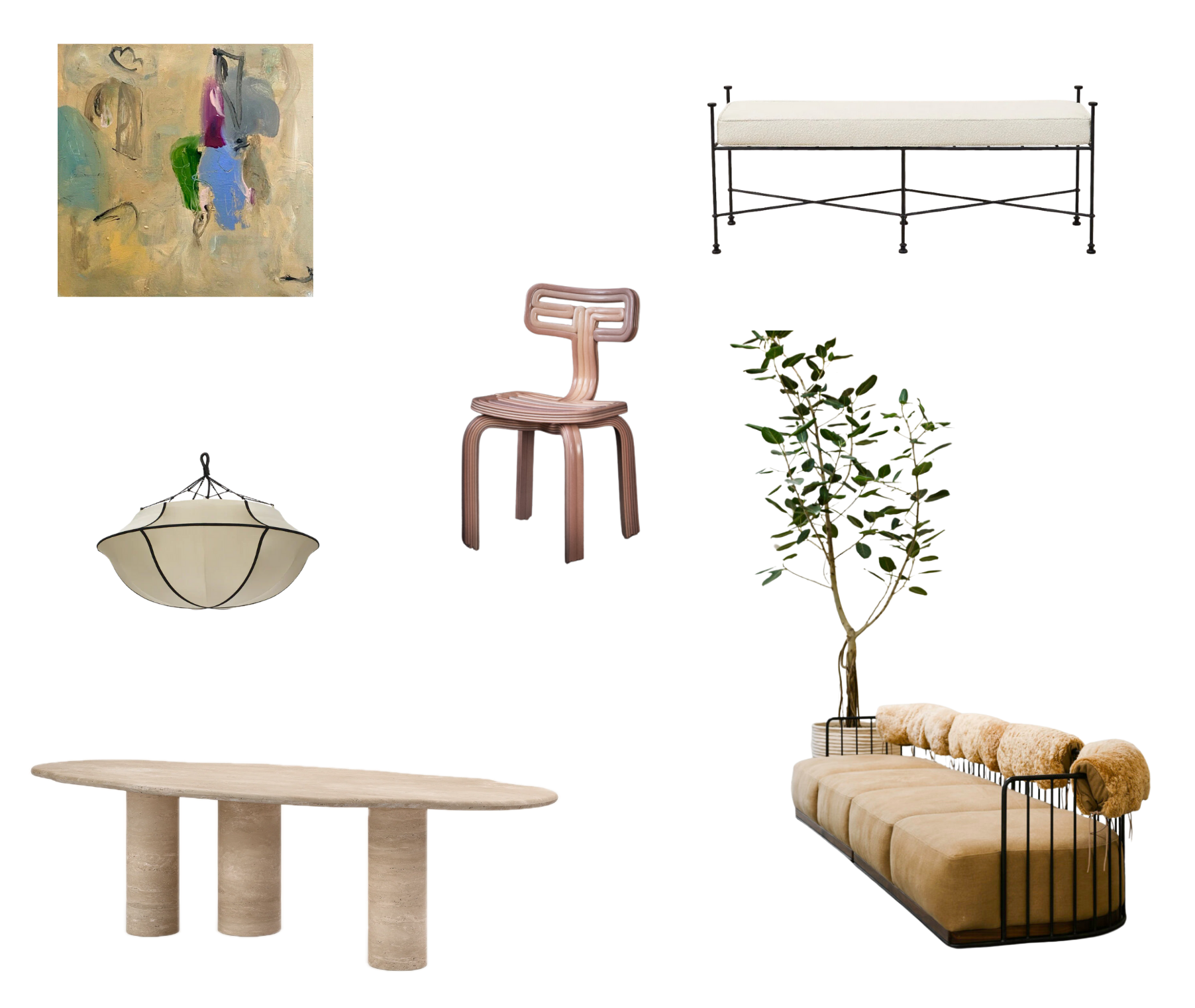 Styling notes moodboard with travertine dining table, sculptural chair, wall sconce, and bench seating references, San Francisco Craftsman Victorian full-gut renovation by Spearman Spaces
