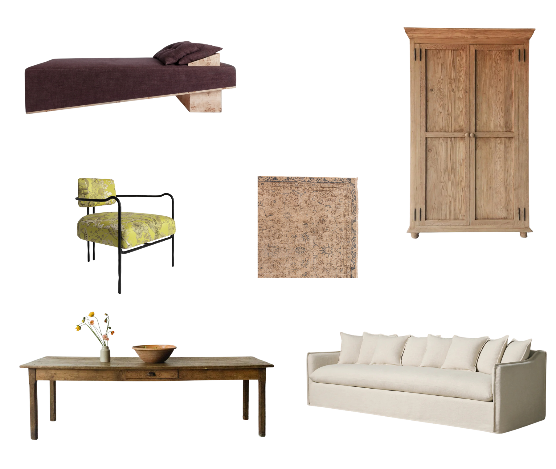 Styling notes moodboard with aubergine daybed, sculptural chair, patterned rug, and wood armoire references, Marin County Craftsman full-service remodel by Spearman Spaces