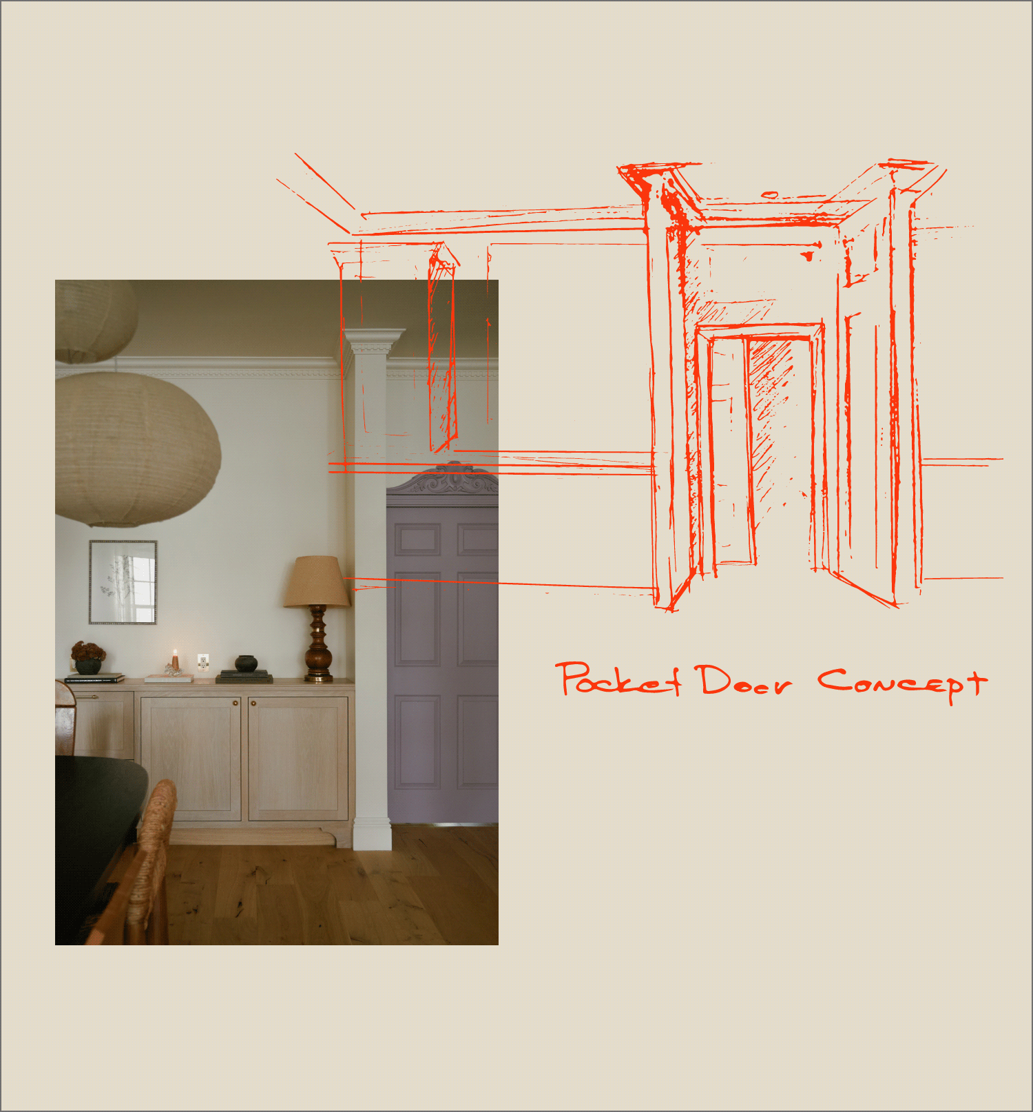 Hand-drawn pocket door concept sketch overlaid on a room with paper lantern pendant lights, dark blue built-in cabinetry, and a wood credenza, Spearman Spaces design process