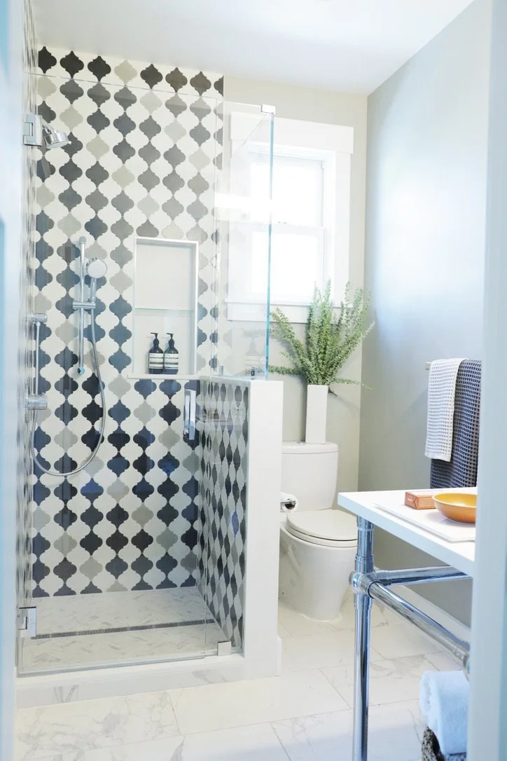Marble checkerboard bathroom floor and glass shower detail, Oakland Bungalow (61st Street) entire home remodel by Spearman Spaces