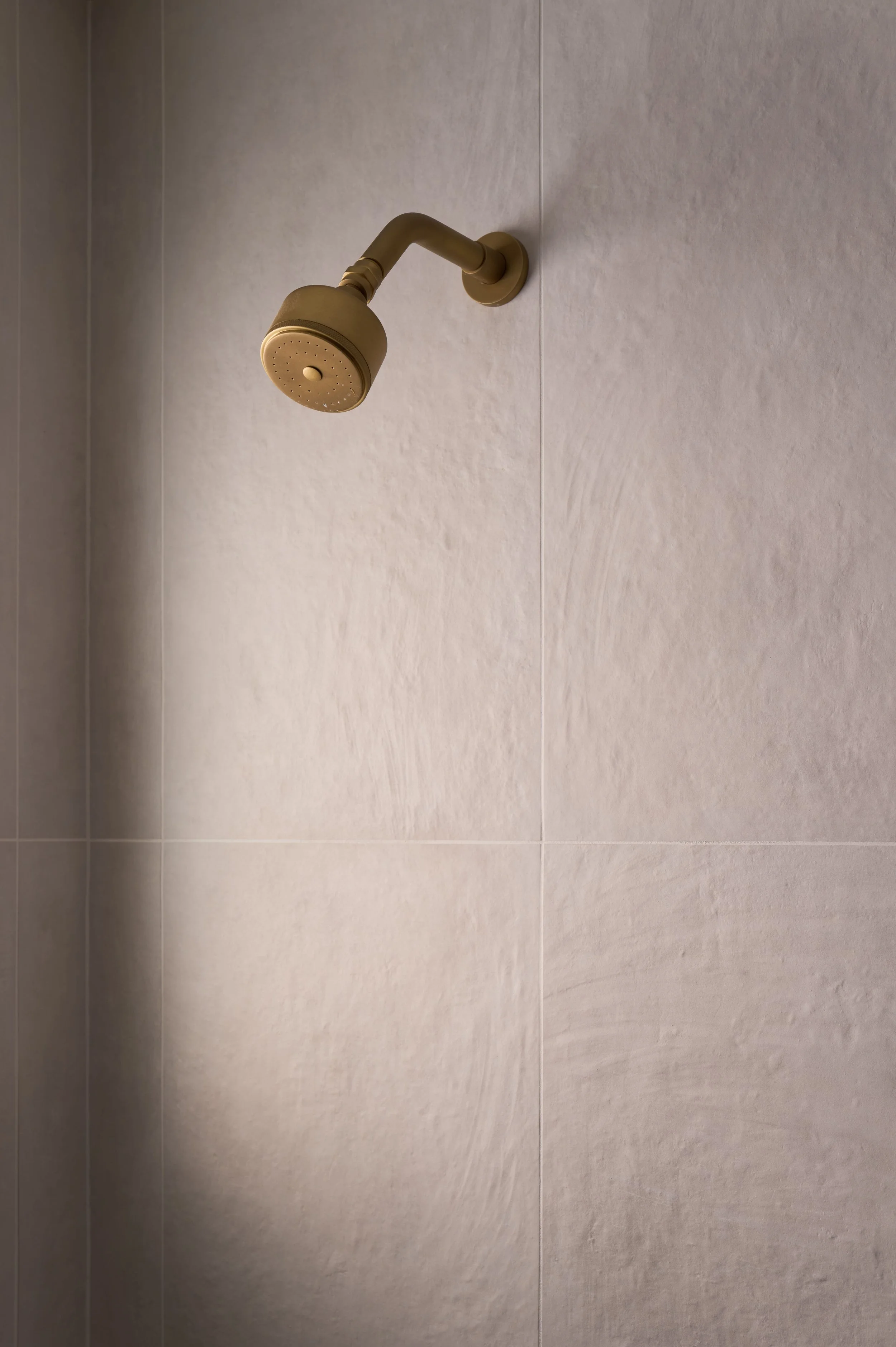 Brass shower head detail, Alamo Farmhouse full-service remodel (Jackson Way, Alamo) by Spearman Spaces