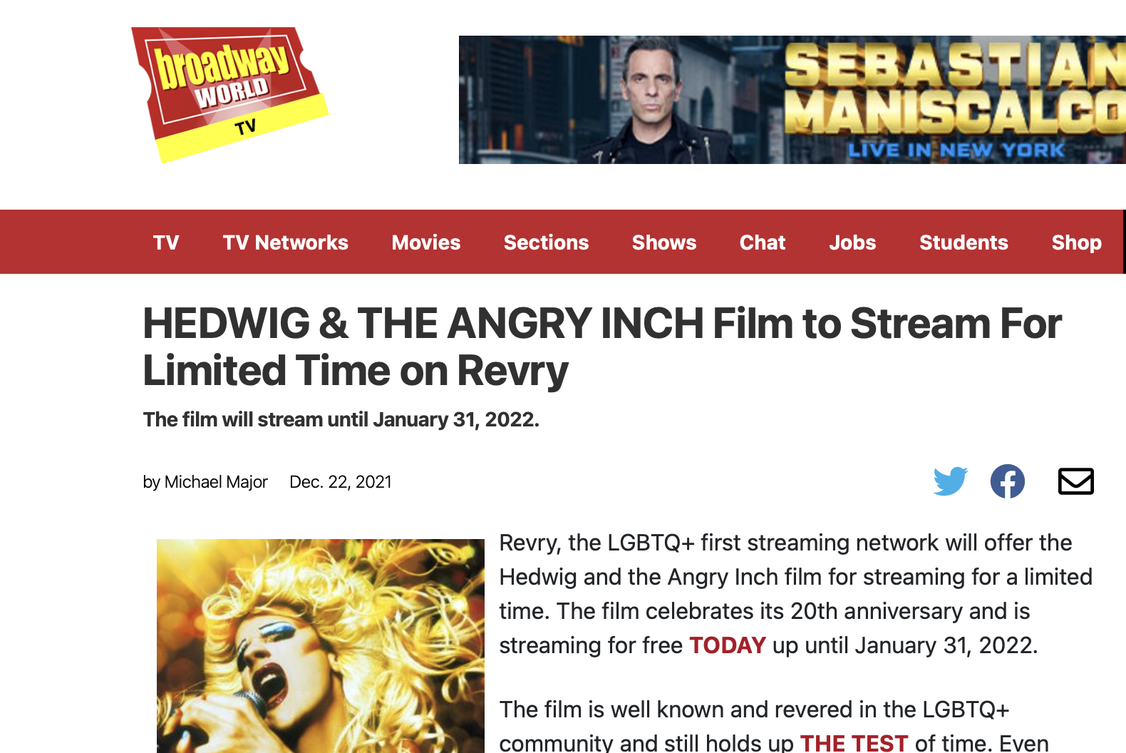 HEDWIG and THE ANGRY INCH Film to Stream For Limited Time on Revry — Stream queer movies, series, news, music and live TV on Revry