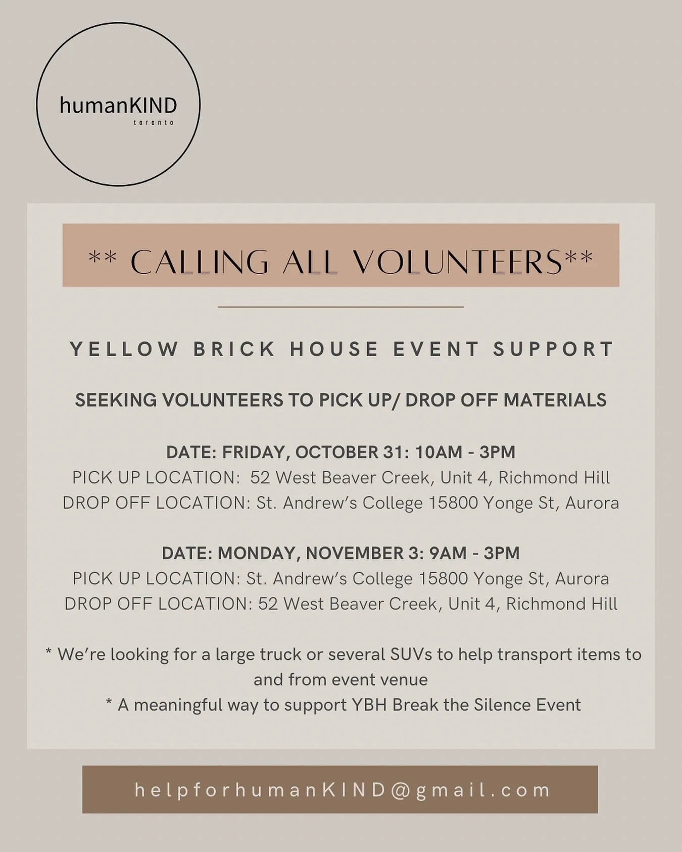 Another great opportunity to volunteer your time for a good cause. 

We are looking for drivers to help transport event materials to and from the venue for @yellowbrckhouse upcoming Break the Silence: Step in My Shoes Walk.

See details above and get
