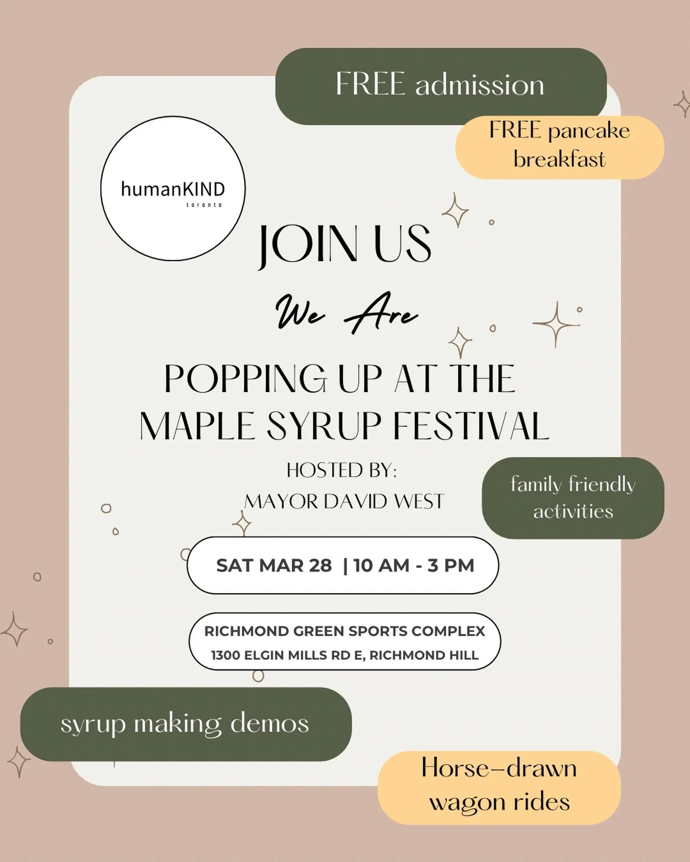 Come join us next weekend Saturday, March 28th at the 10th Annual Maple Syrup Festival hosted by @davidwestrh 

Swing by the @humankind_toronto booth to say hello and see what we&rsquo;ve got planned! 
Event will be taking place at the Richmond Green