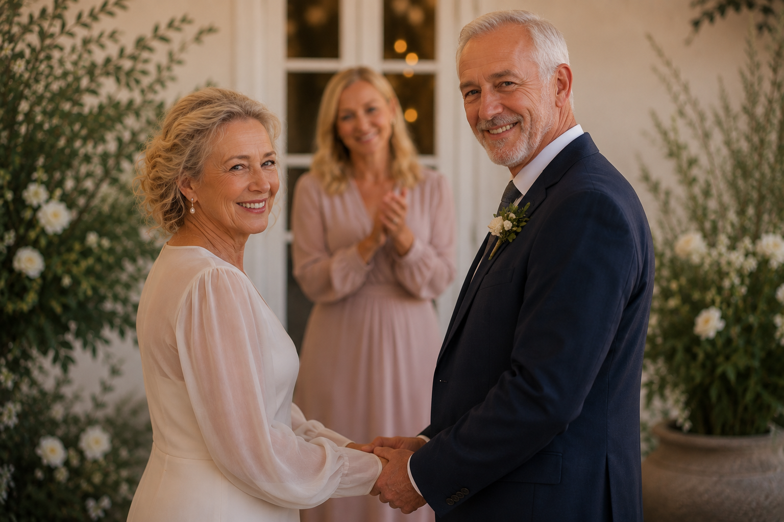 A smiling elderly woman and elderly man are holding hands during their wedding ceremony, with a woman in a pink dress clapping in the background. The setting is decorated with plants and flowers.