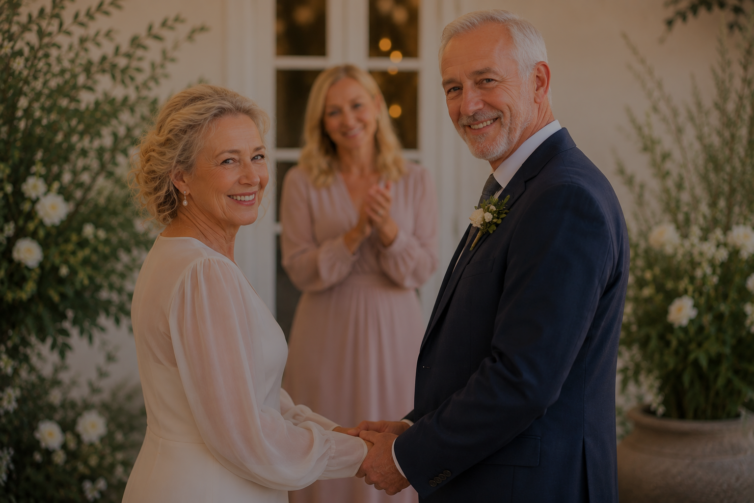 An elderly couple getting married, holding hands and smiling at each other, with a woman in a pink dress clapping in the background, indoors with floral decorations.