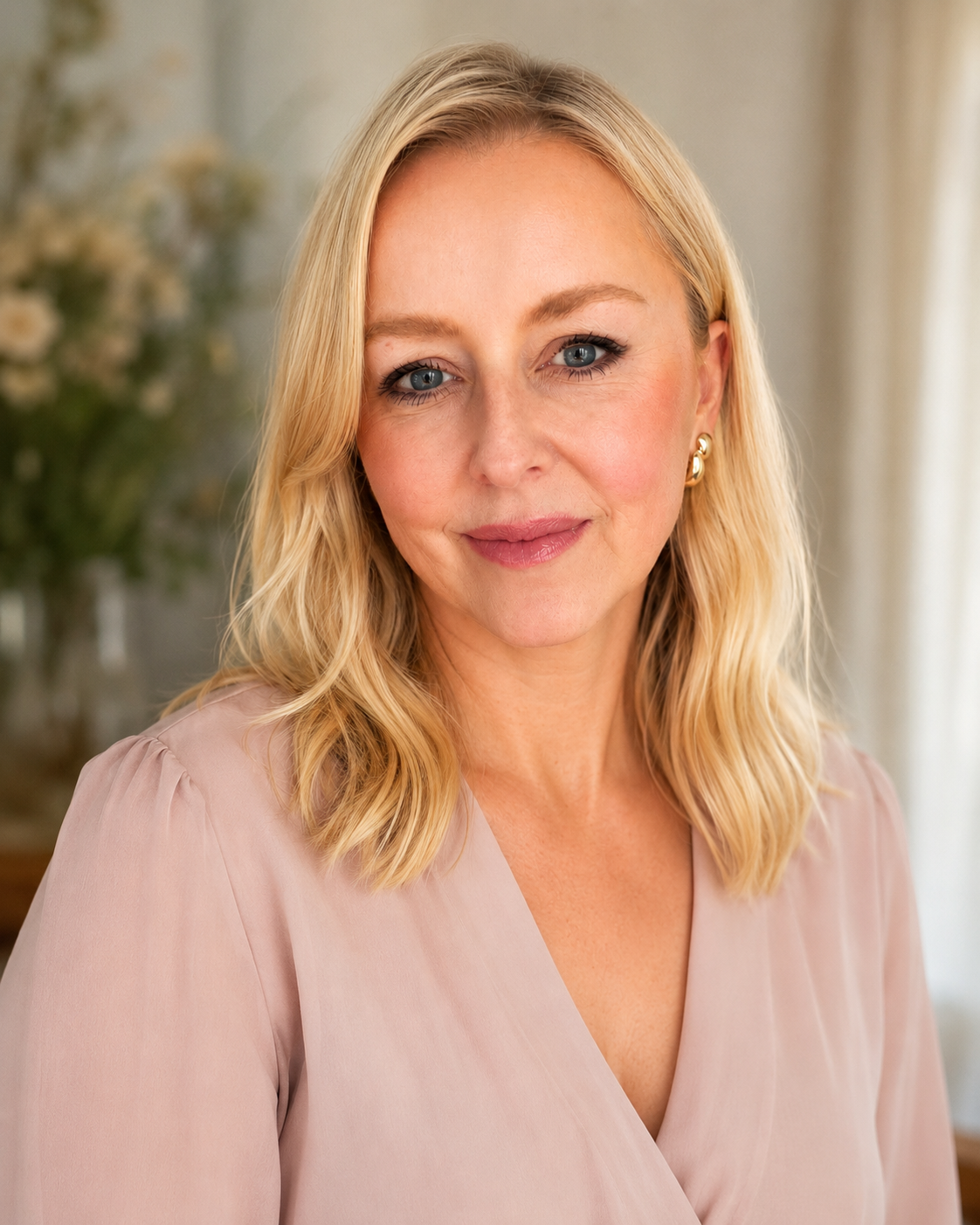 A woman with blonde hair, blue eyes, and earrings, wearing a light pink blouse, standing indoors with a blurred background of flowers and curtains.