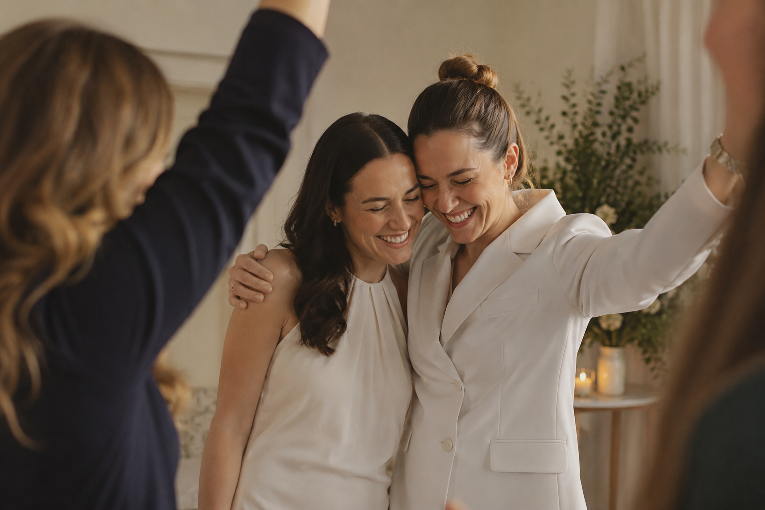 Two women hugging and smiling, celebrating together, with other women around them in a warm, decorated indoor setting.