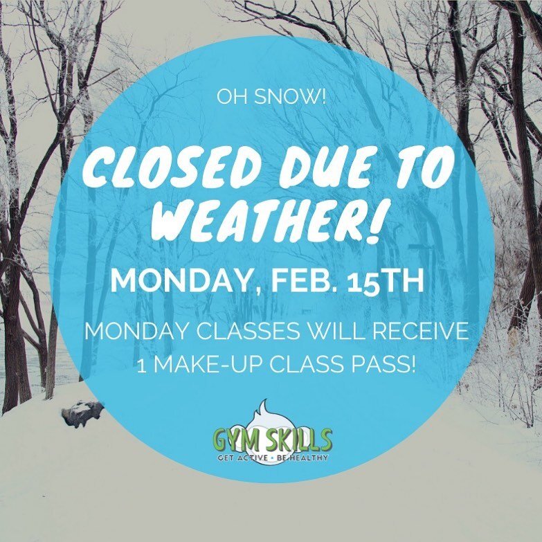 Oh snow! ❄️ All classes are cancelled tonight due to weather! Each Monday night athlete will receive 1 Make Up Class Pass!

Use your pass at our Ninja or Gymnastics Clinic this weekend!

For other questions please email info@gymskills.com ❄️❄️❄️❄️❄️