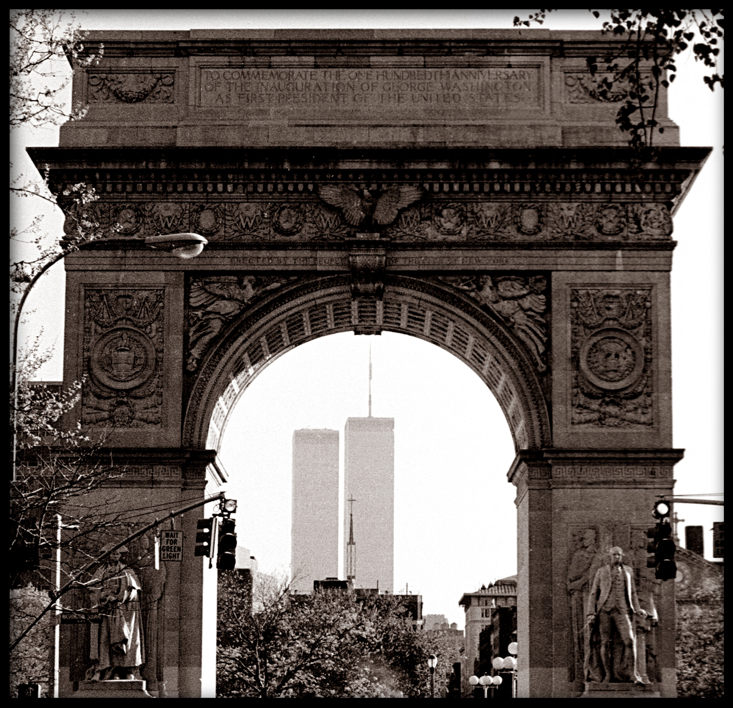 Circa 1986-88: The World Trade Center towers are framed to by the Washington Square Arch