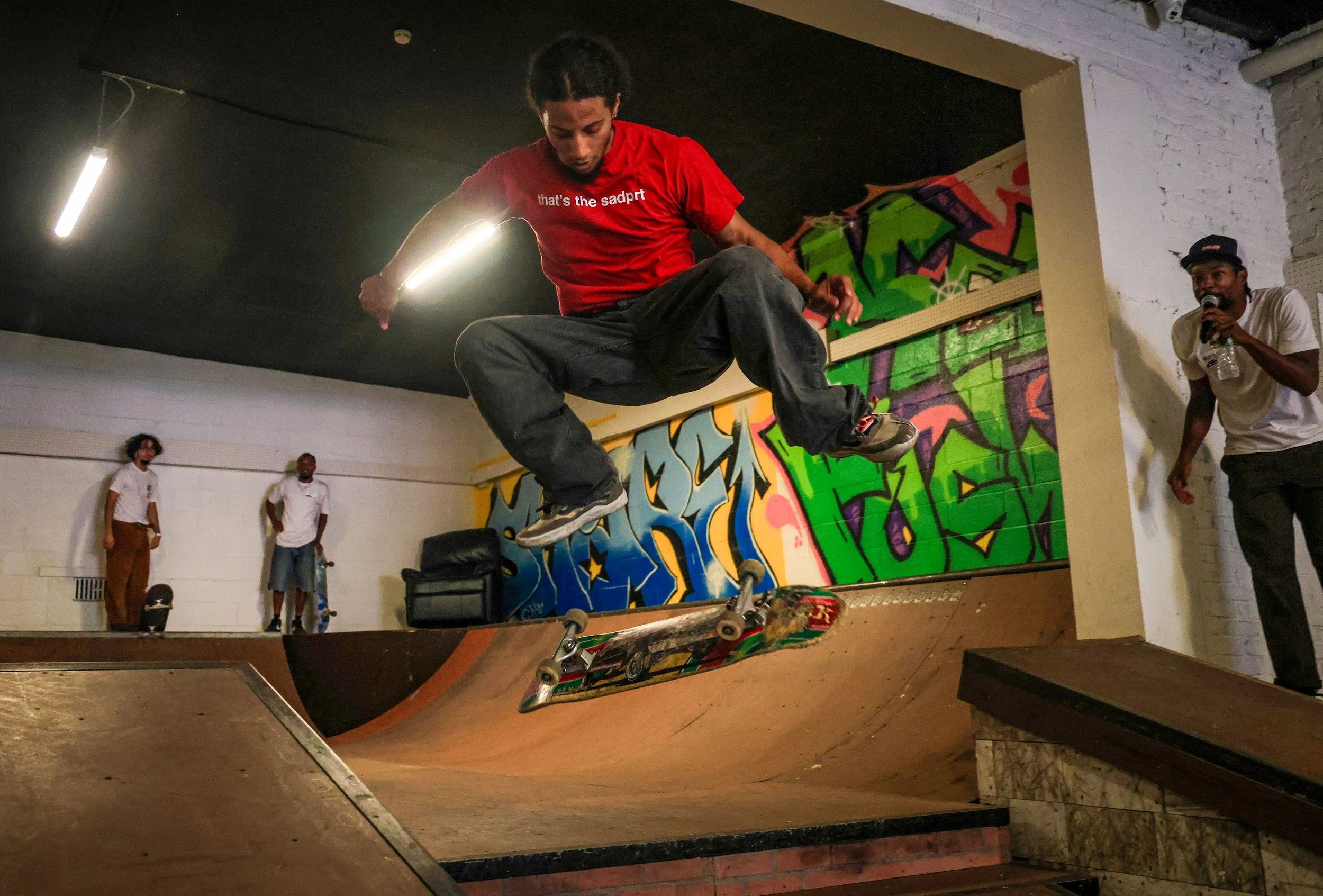 PATERSON, N.J. | Sept. 13, 2025: A group of skateboarders skate inside the new facility at SOLID, a Paterson-based nonprofit dedicated to supporting youth through skateboarding, art, and mentorship. Funded in part by New Jersey’s Community-Based Viol