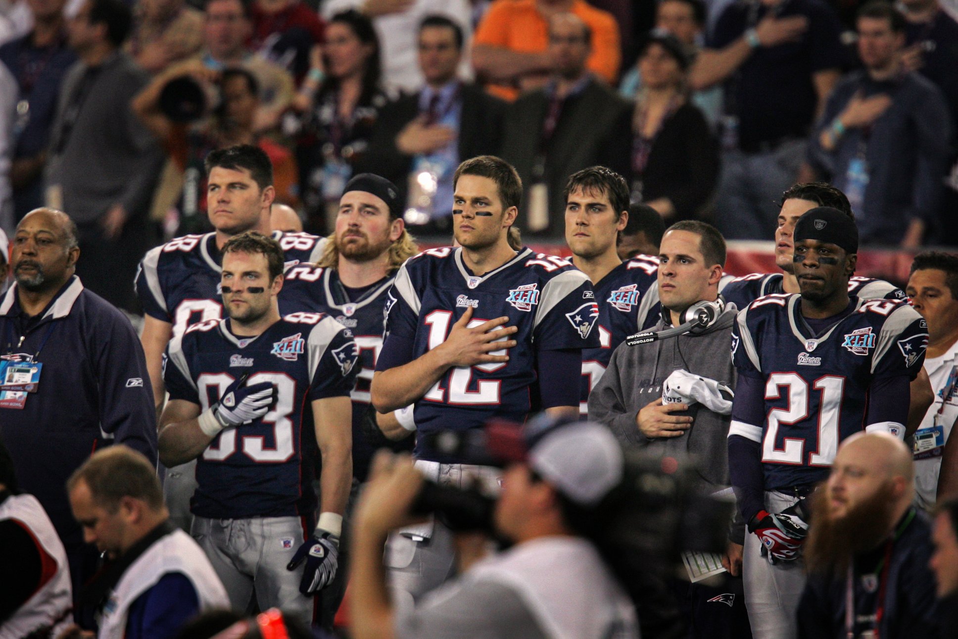 New England Patriots QB Tom Brady and teammates during the National Anthem.