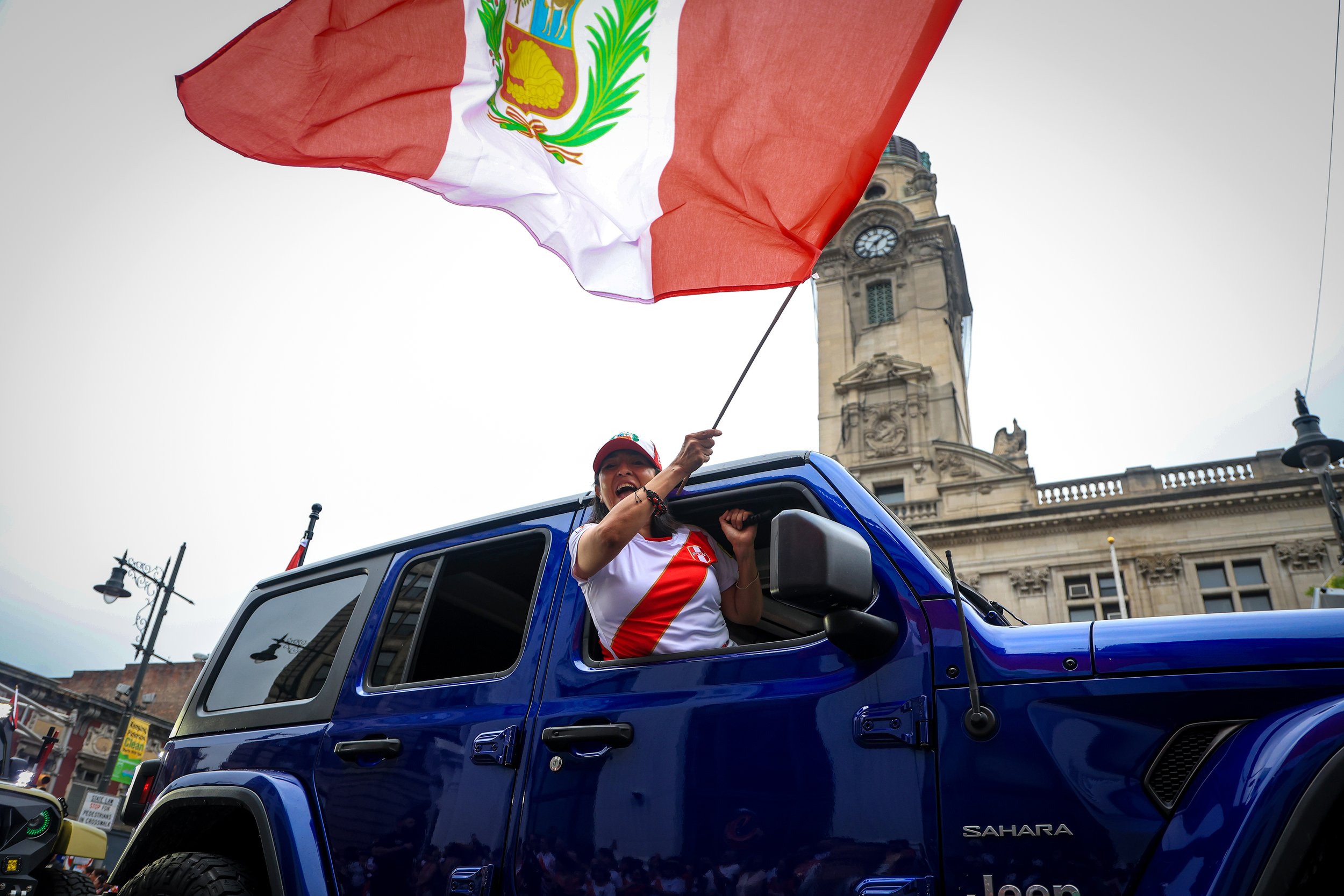 PATERSON, N.J. | July 27, 2025: Paterson Mayor Andre Sayegh dances with paradegoers in the streets near City Hall during the annual Peruvian Parade, as thousands line the route from Passaic to Paterson to celebrate Peruvian Independence. The vibrant 