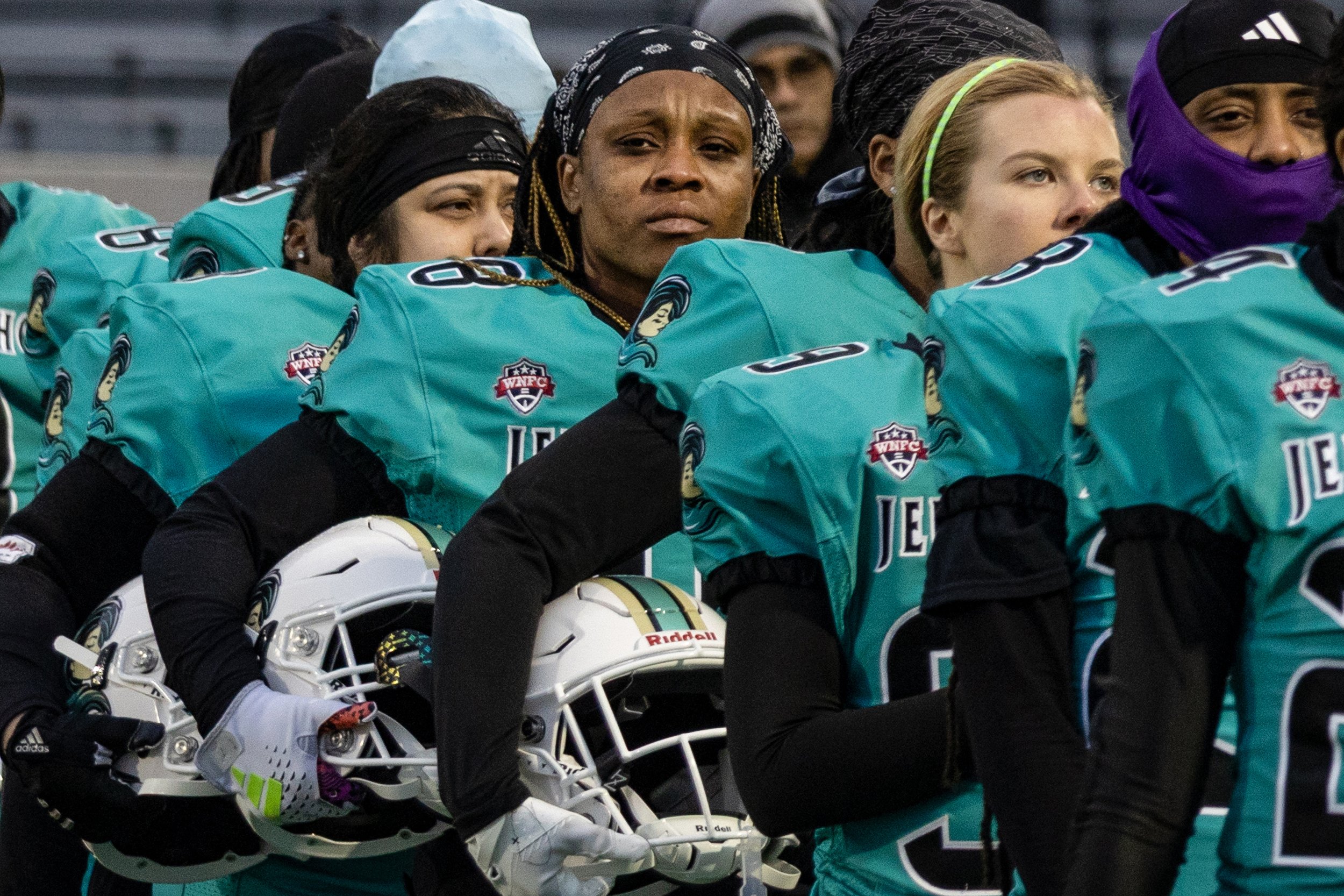 PATERSON, NJ  04-05-25: :The Jersey Shore Wave made history playing in the first women’s professional (tackle) football game ever held in New Jersey as they faced off against the Washington D.C. Prodigy on a cold, rainy night at Hinchliffe Stadium. 