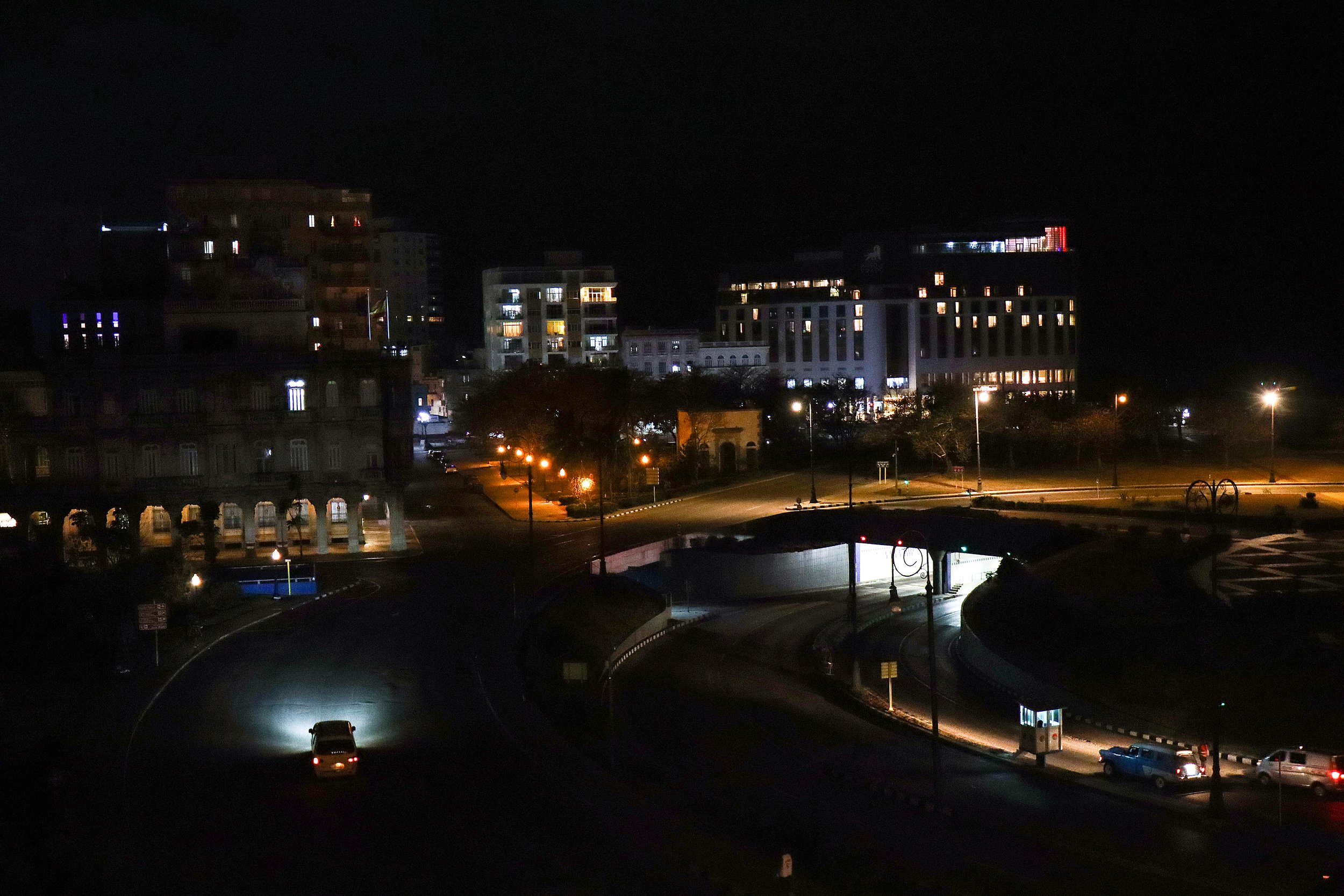 HAVANA, CUBA — March 7, 2026: Streetlights glow dimly near the entrance to the Havana Bay Tunnel (Túnel de la Bahía de La Habana), which runs beneath Havana Bay, connecting Old Havana (Habana Vieja) to Havana del Este, including Cojímar and the easte