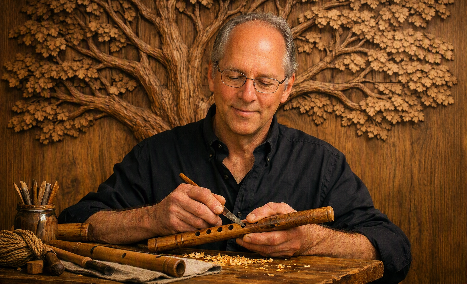 An elderly man with glasses carving a wooden flute at a wooden table, surrounded by woodworking tools, with a large carved tree design on the wall behind him.