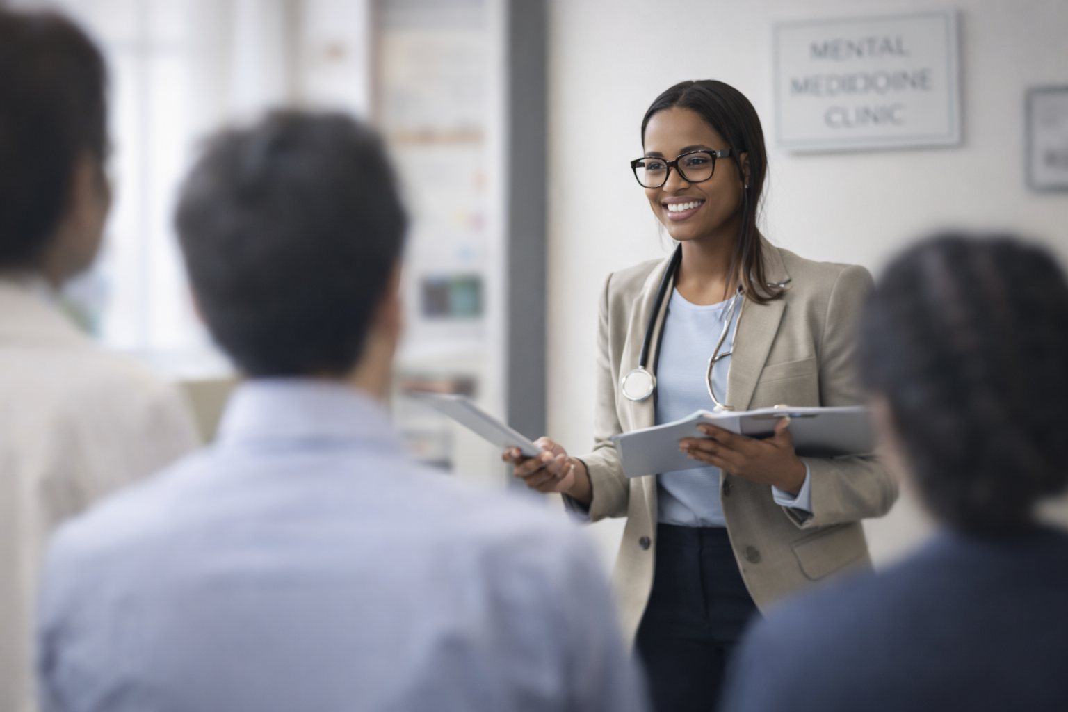 A female doctor or healthcare professional with glasses and a stethoscope smiling and talking to a group of patients or colleagues in a medical setting, with a sign that says 'Mental Medicine Clinic' in the background.