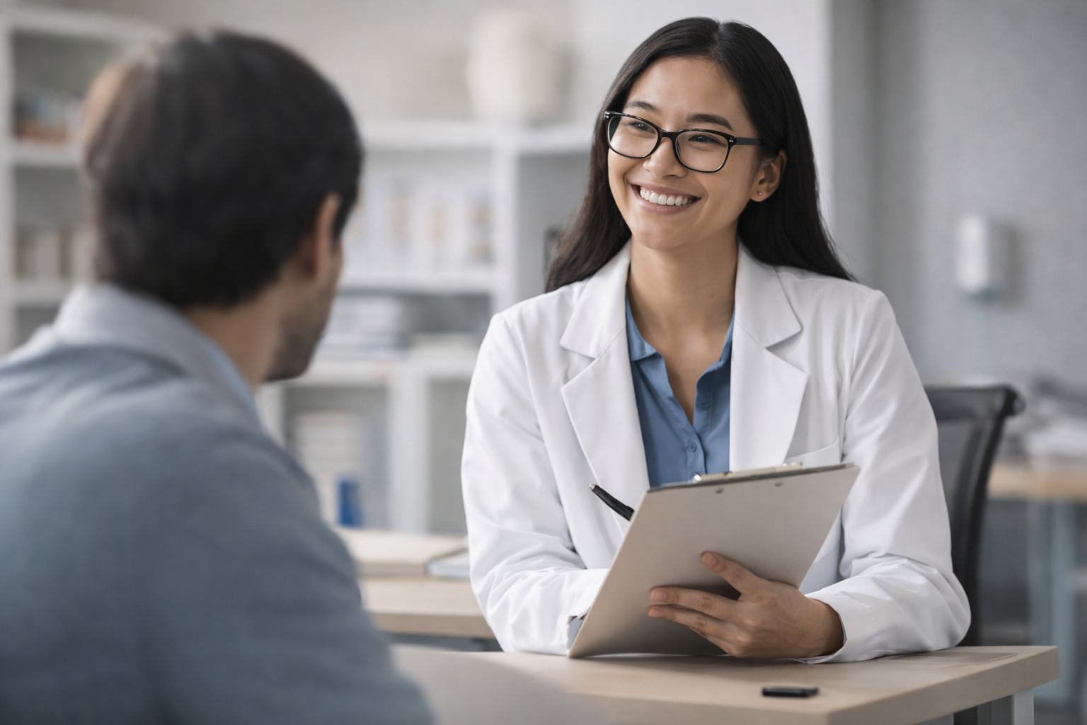 A woman in a white lab coat and glasses smiling while holding a clipboard, talking to a man in a grey shirt in a medical or office setting.