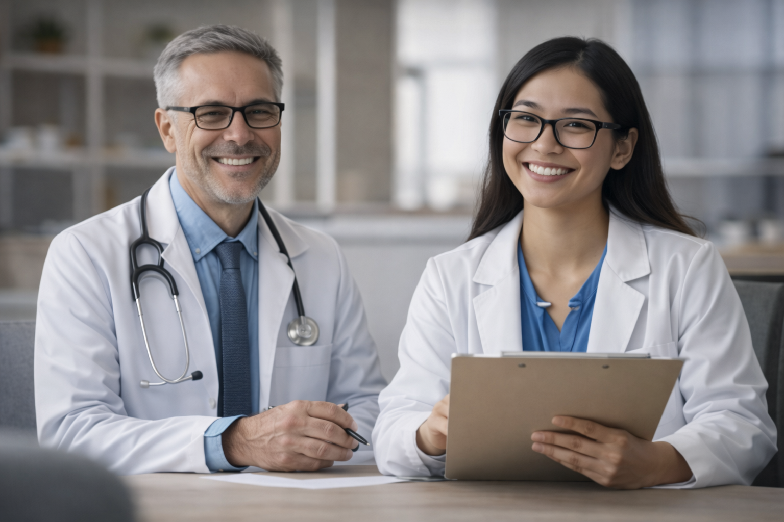 Two medical professionals, a male doctor with gray hair and glasses and a female doctor with long dark hair and glasses, sitting at a table and smiling, with medical charts and a stethoscope.