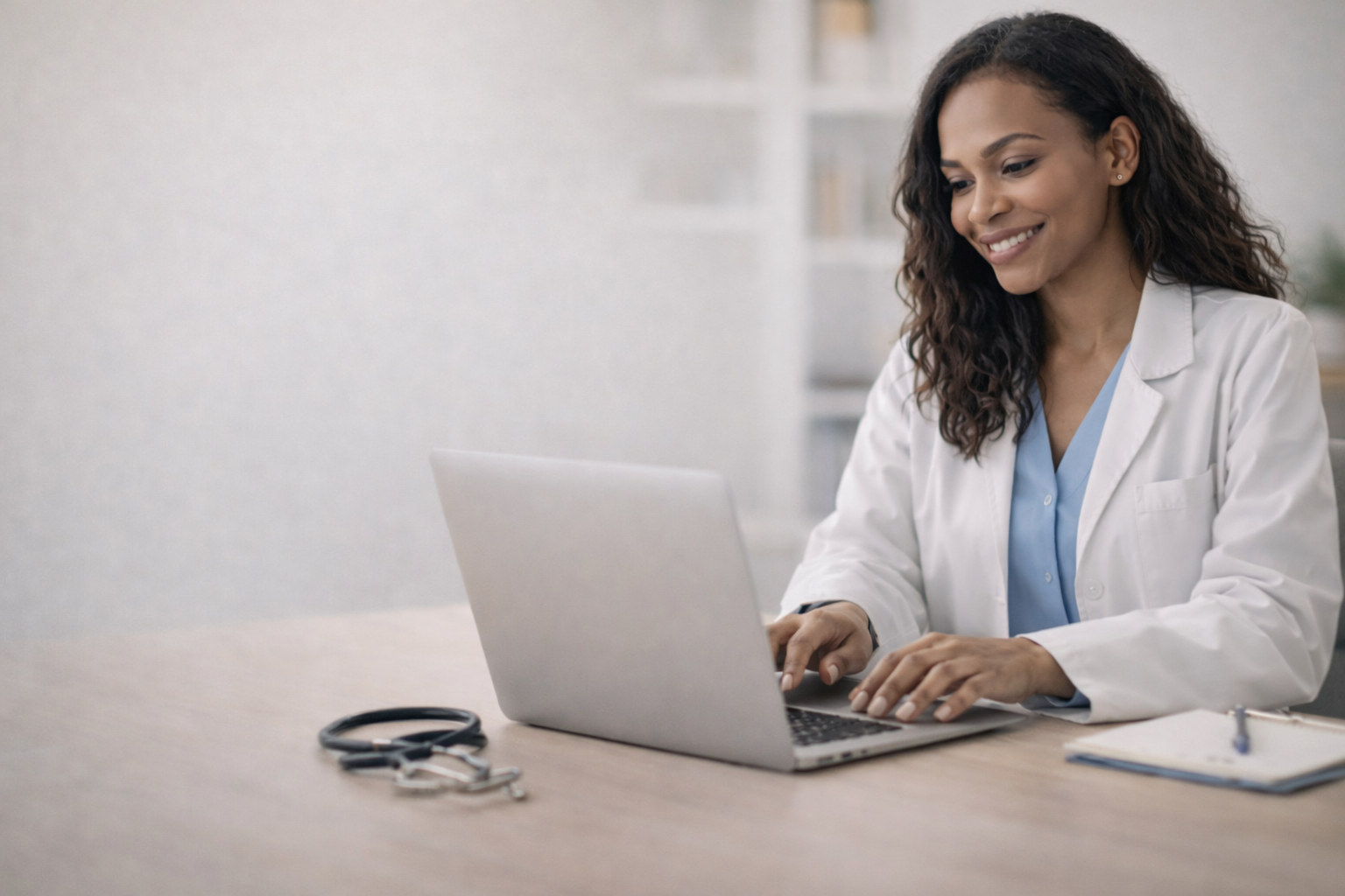 A female doctor working on a laptop at a wooden desk, with a stethoscope and clipboard nearby, smiling and wearing a white lab coat and blue scrubs.