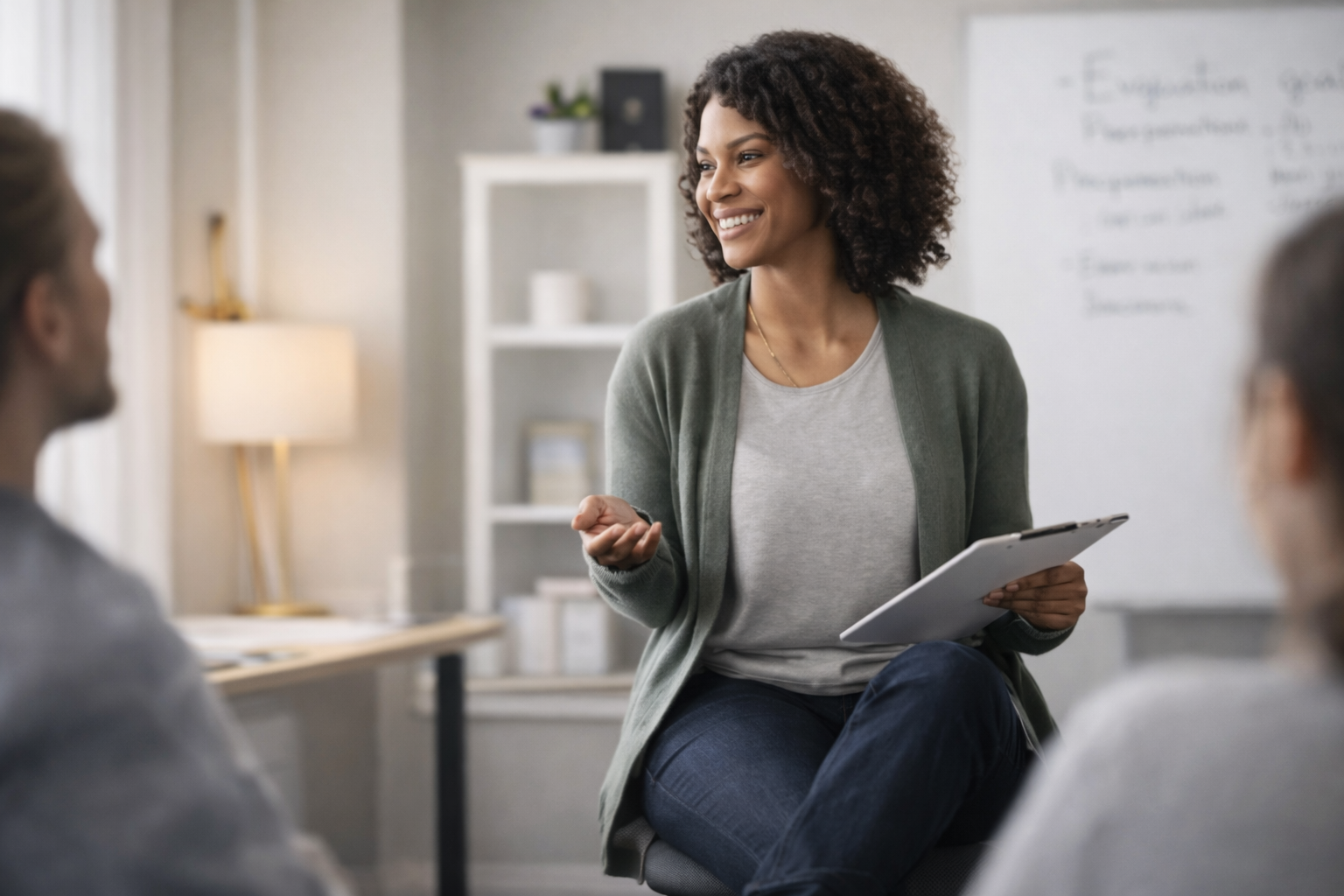 Woman smiling during a presentation or discussion in a professional setting with a tablet in hand