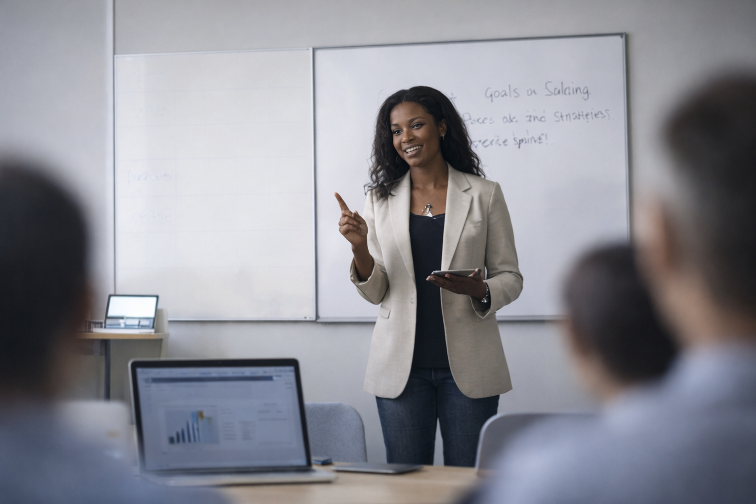 A woman standing and giving a presentation in a classroom or meeting room, with a whiteboard behind her and a laptop on the table in front of her.