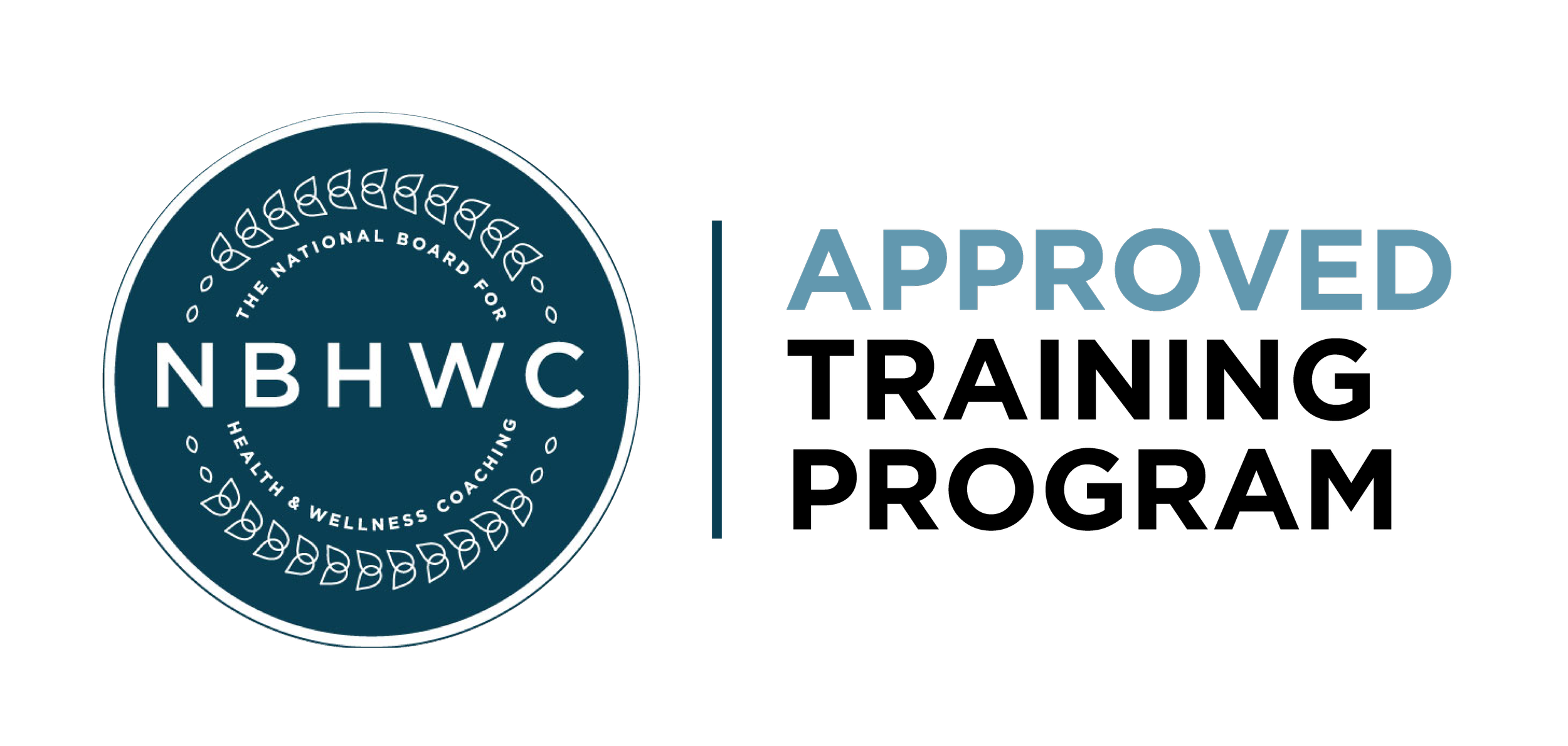Seal with text 'The National Board for Health & Wellness Coaching' and the acronym NBHWC, next to the word 'APPROVED' in blue capital letters.