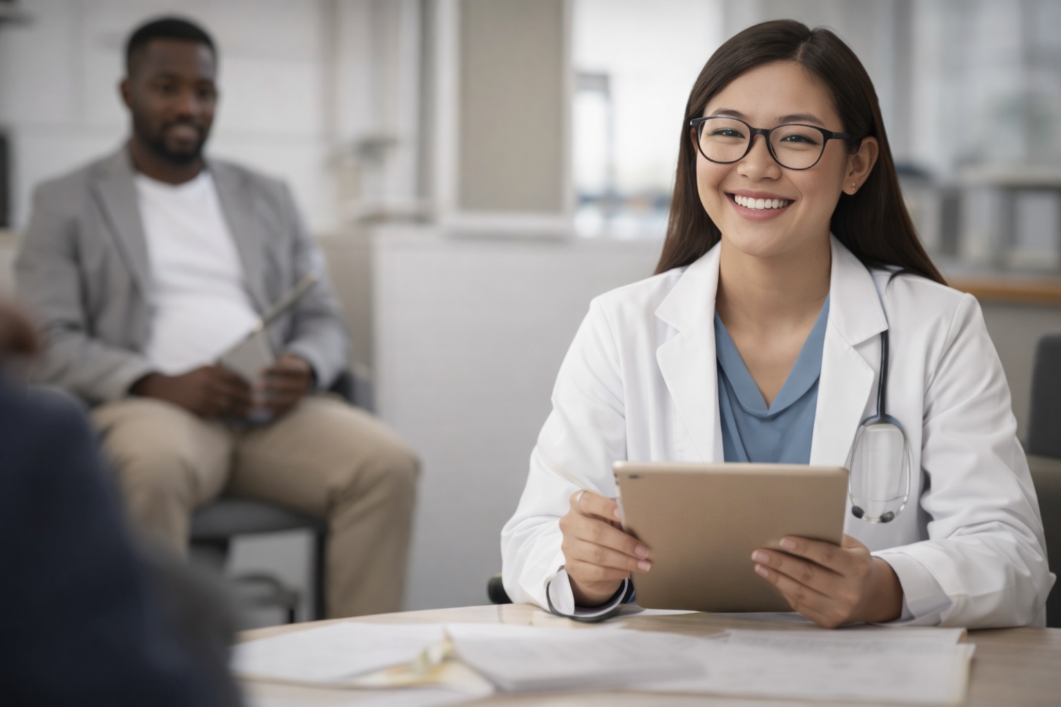 A smiling female doctor with glasses, wearing a white coat and stethoscope, holding a tablet during a consultation in a bright medical clinic.