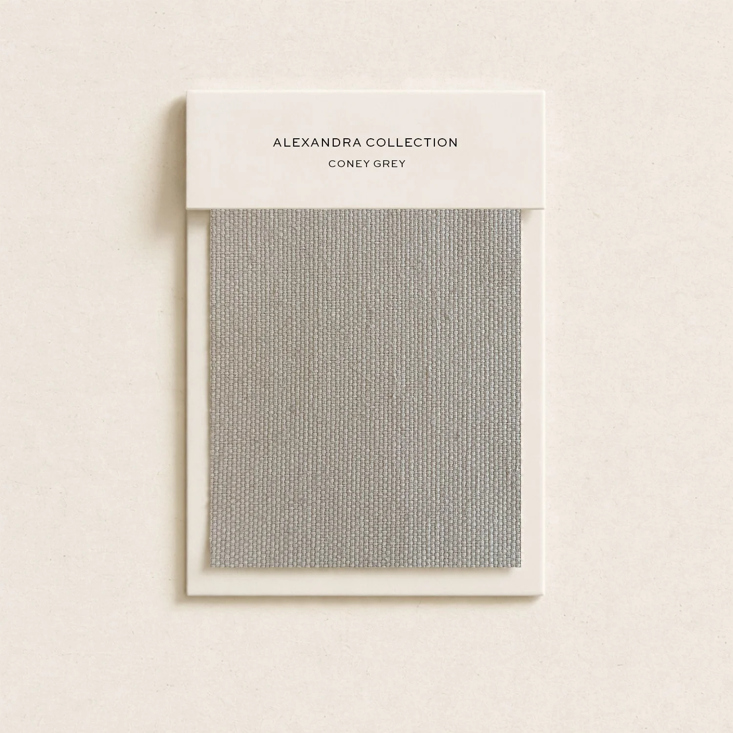 Color swatch sample with a label reading 'Alexandra Collection Coney Grey' on top, mounted on a light-colored wall.