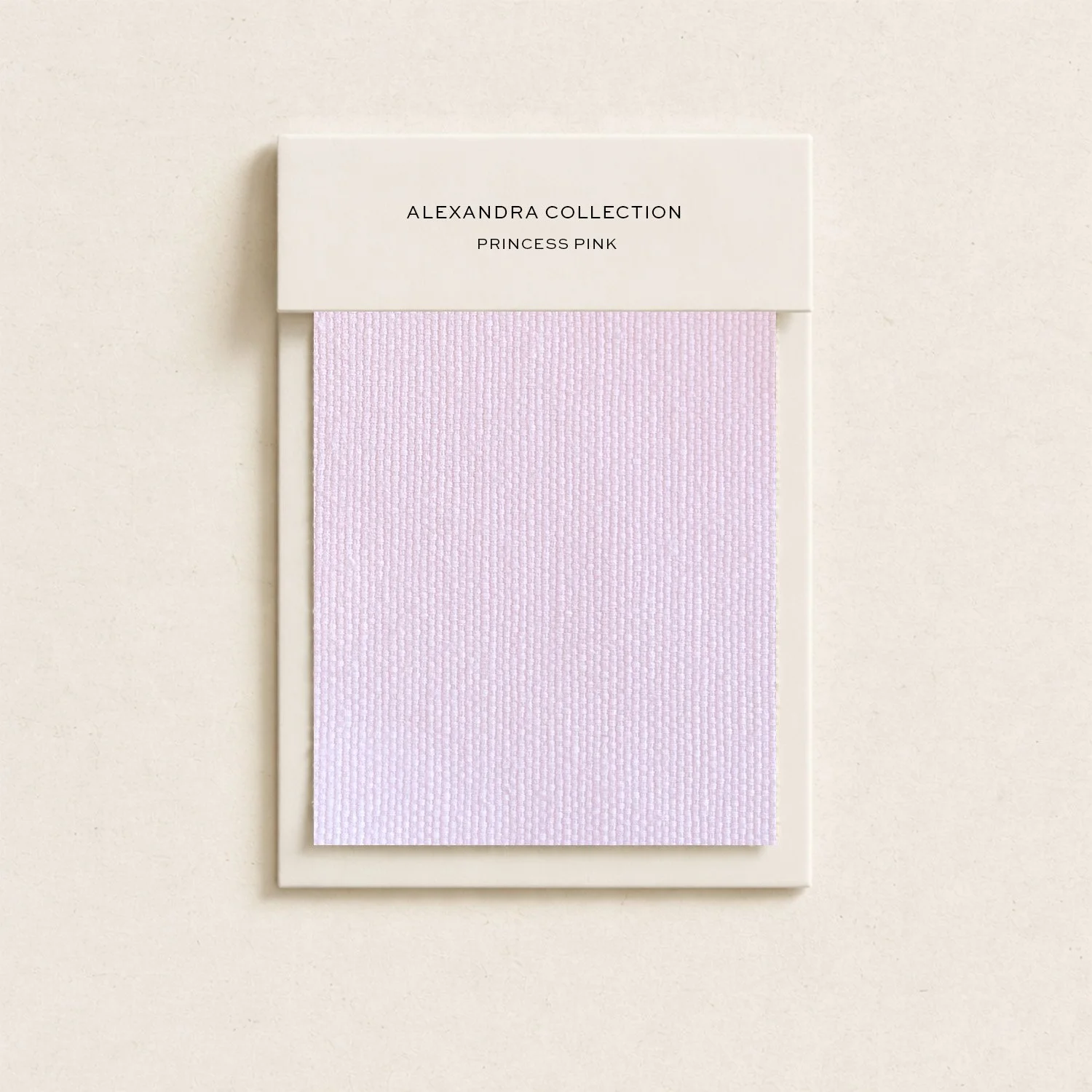 A fabric swatch labeled 'Alexandra Collection Princess Pink' with light pink textured fabric on a white background.