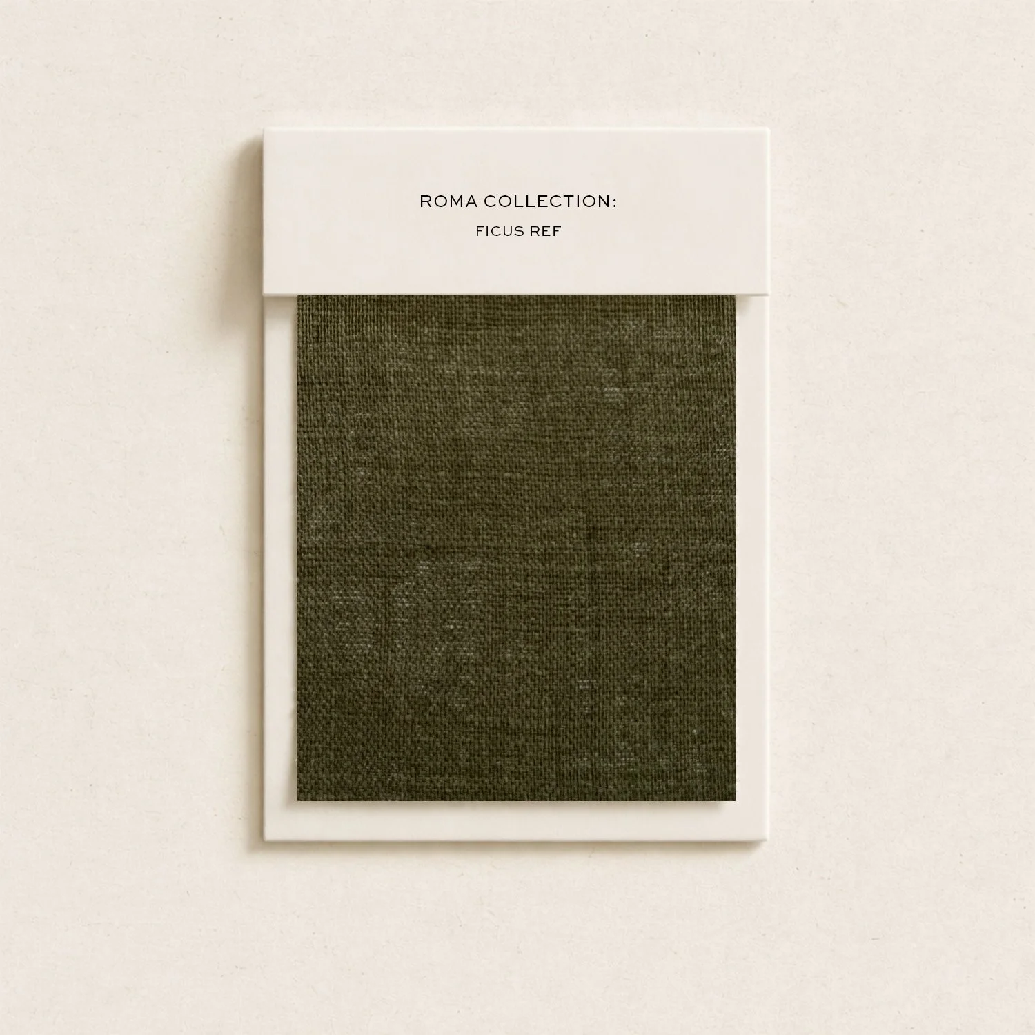 Sample swatch card from the Roma Collection, labeled 'Ficus Ref', featuring a dark green textured fabric swatch against a plain white background.