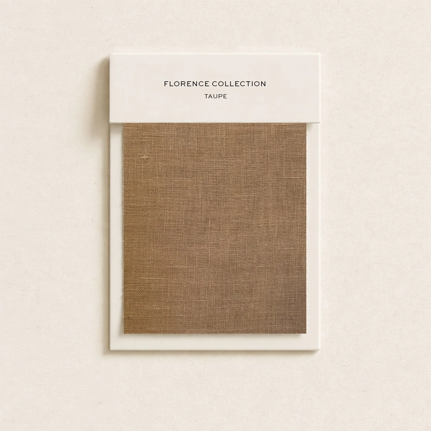 Color swatch card labeled 'Florence Collection Taupe' with a brown fabric sample, against a light beige background.