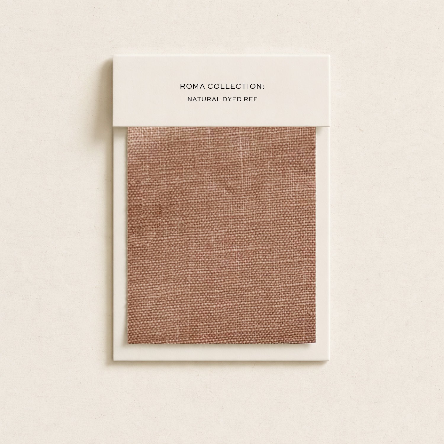 A fabric swatch sample labeled 'Roma Collection: Natural Dyed Ref' with a neutral brown color, set against a white background.
