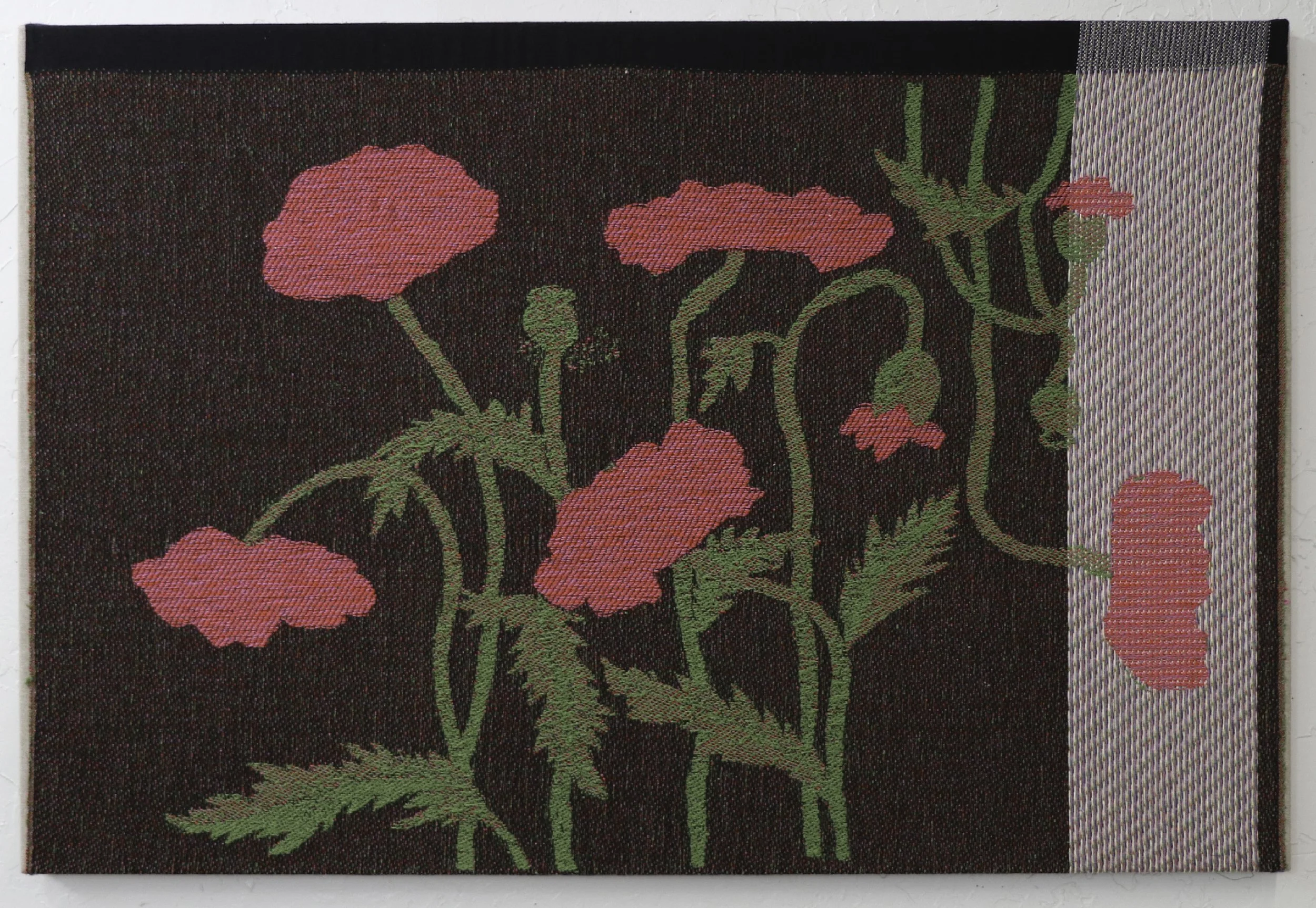 Poppies, 2025, Natural fibers handwoven on digital Jacquard loom, mounted onto linen, 28 x 42 inches