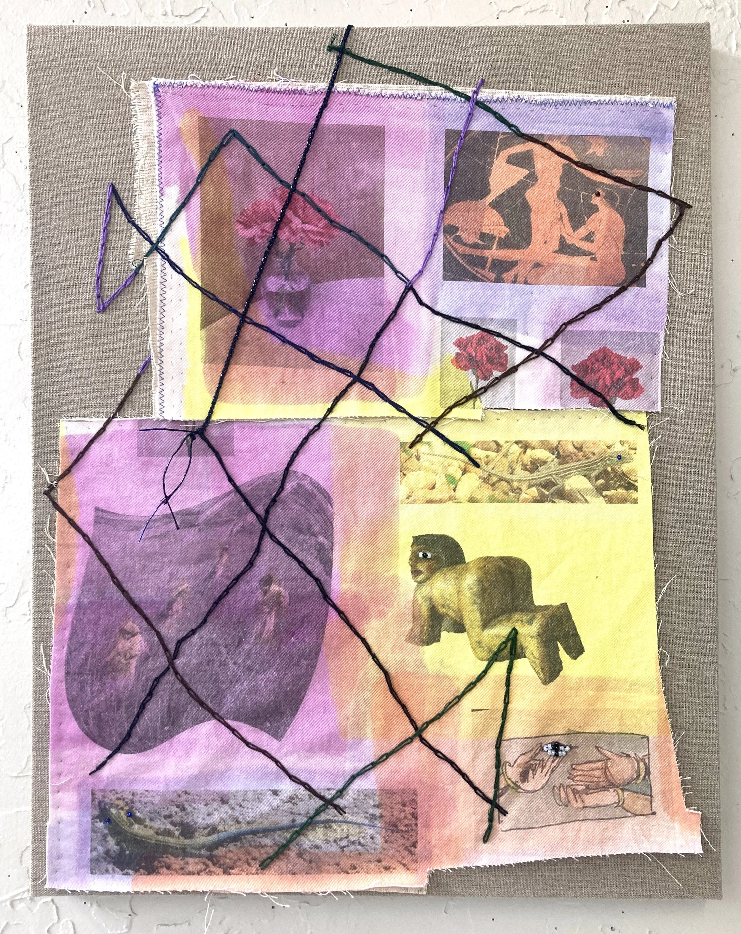See Through, 2026, Digital print and dye on cotton, linen, embroidery thread, and glass beads, 20 x 16 inches