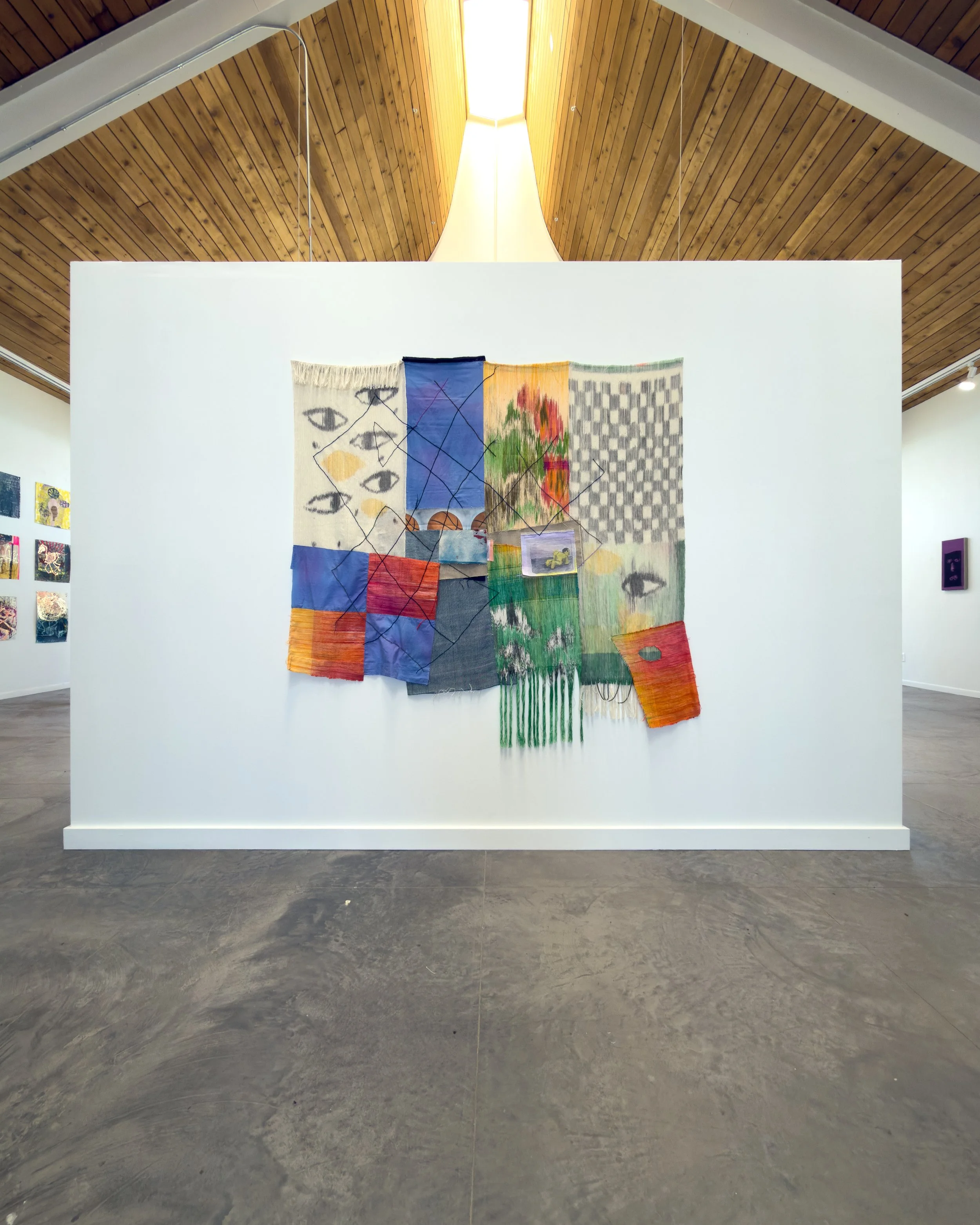 Soft Eyes, 2026, Natural fibers handwoven, synthetic and natural dyes, digital print on canvas, cotton and linen, acrylic, and glass beads, 60 x 70 inches