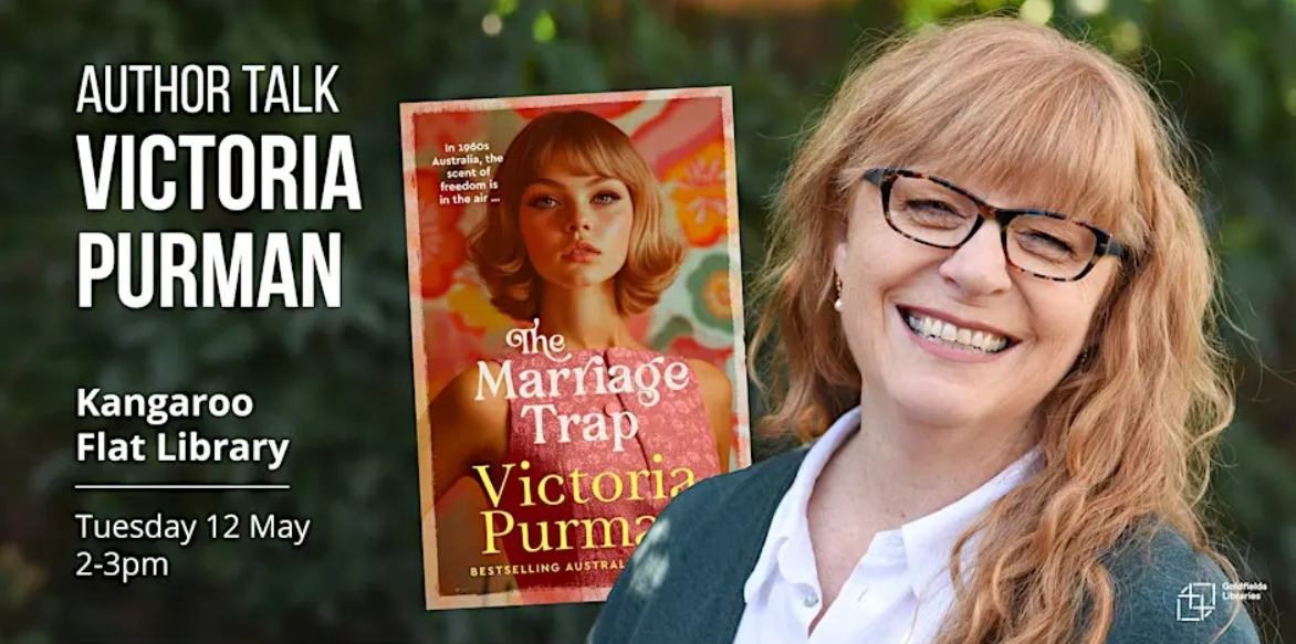 A white woman wearing black glasses is shown in front of a book cover featuring another woman wearing a pink dress.