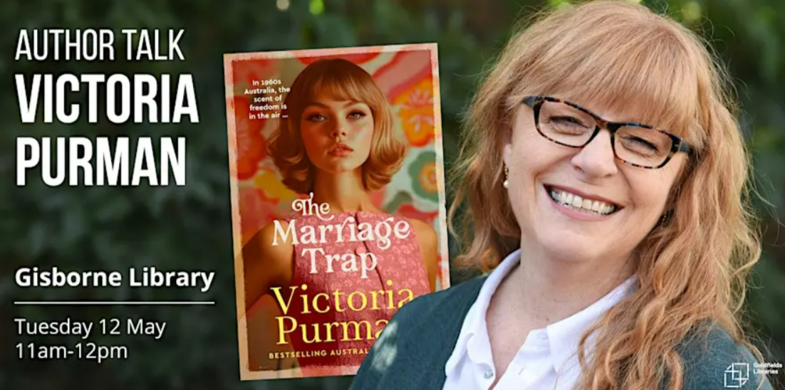 A white woman wearing black glasses is shown in front of a book cover featuring another woman wearing a pink dress.