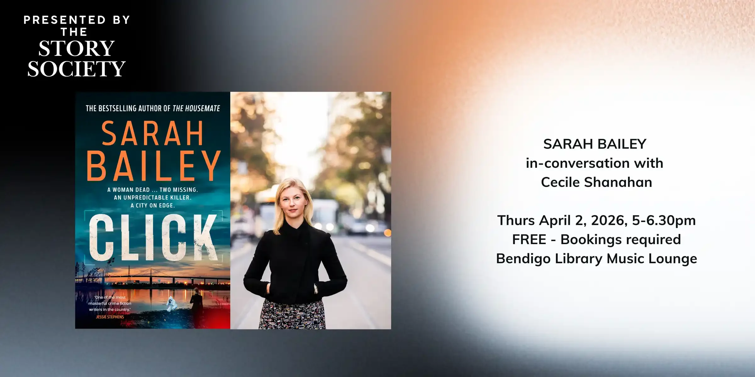 Event poster featuring Sarah Bailey's book 'Click' on left. Right side has event details for a conversation between Sarah Bailey and Cecile Shanahan on April 2, 2026, at Bendigo Library Music Lounge in Australia.