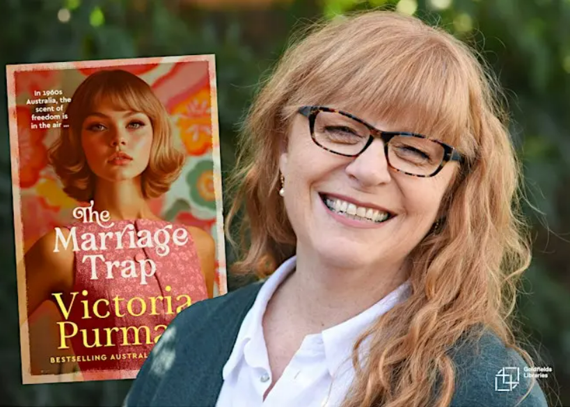 A white woman wearing black glasses in the foreground and her novel The Marriage Trap's cover in the background.