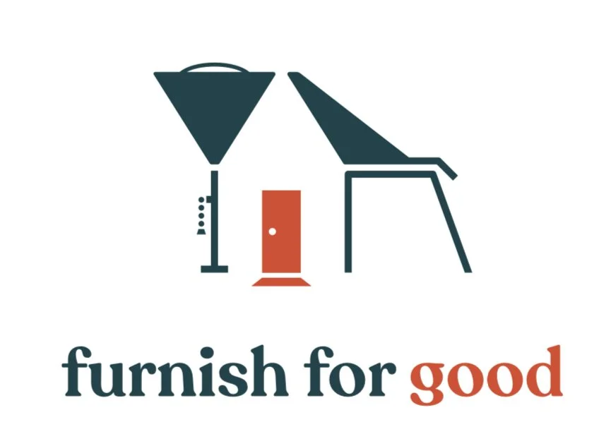A logo with industrial furniture icons above the text "furnish for good" in teal and red colors.
