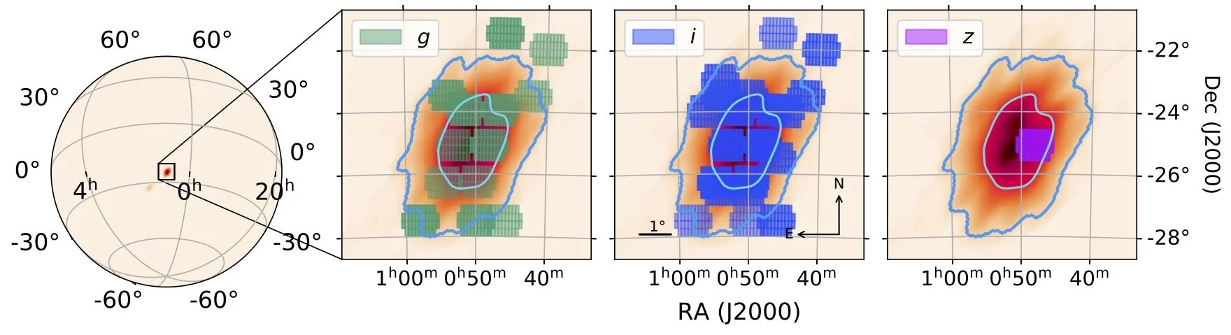 Sky coverage of the LIGO/Virgo gravitational wave localization of the first possible neutron star - black hole merger by our CFHT observations in the g, i, and z filters (Vieira et al., 2020). Our systematic tiling approach using a wide-field optical imager on a 3m-class telescope is well-suited for the more-distant mergers expected to be detected by LIGO/Virgo in Observing Run 4.