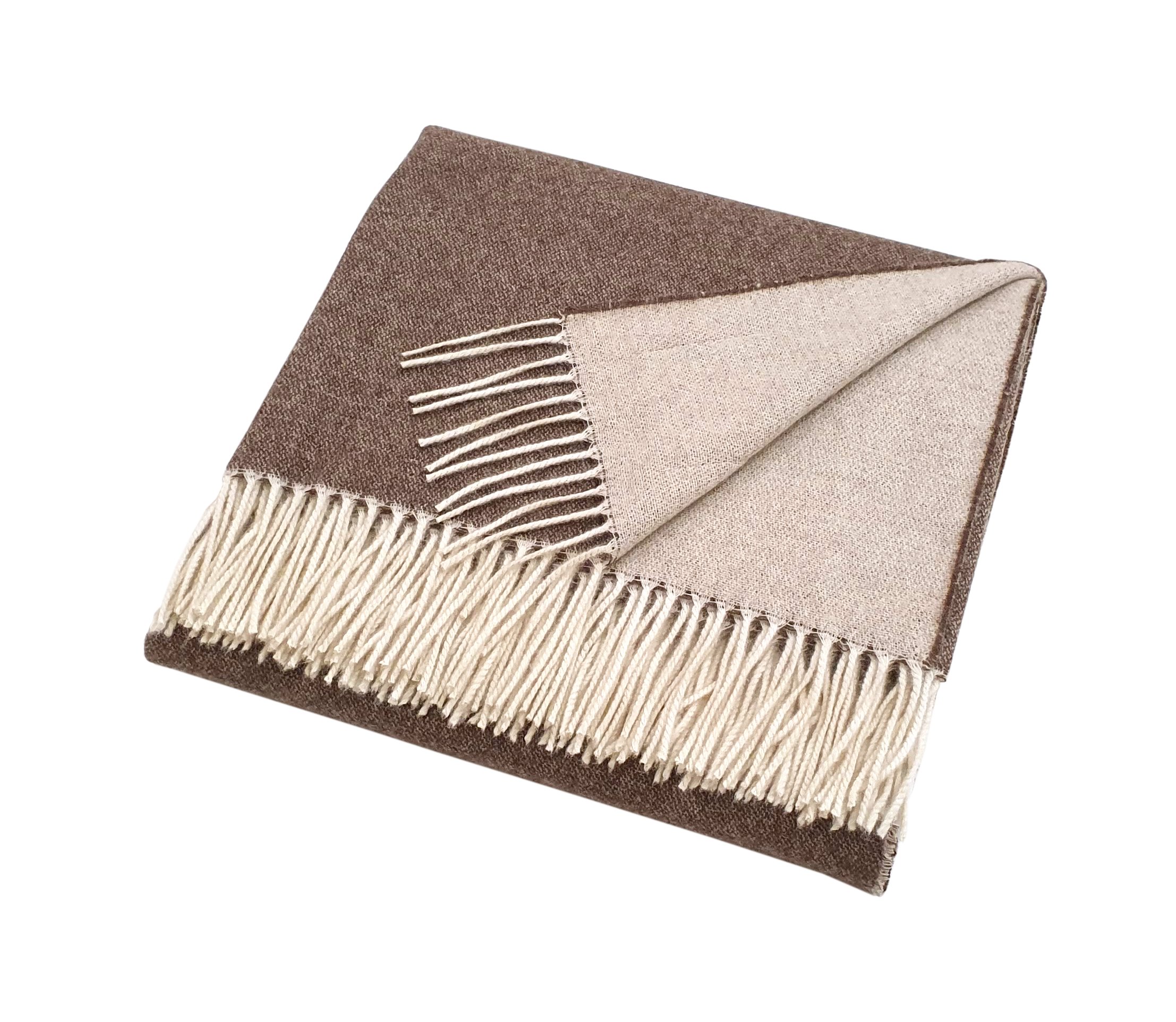 REVERSIBLE CASHMERE THROW - 100% Cashmere, Fringed Edge, Double Faced. Colour: Brown/Beige.